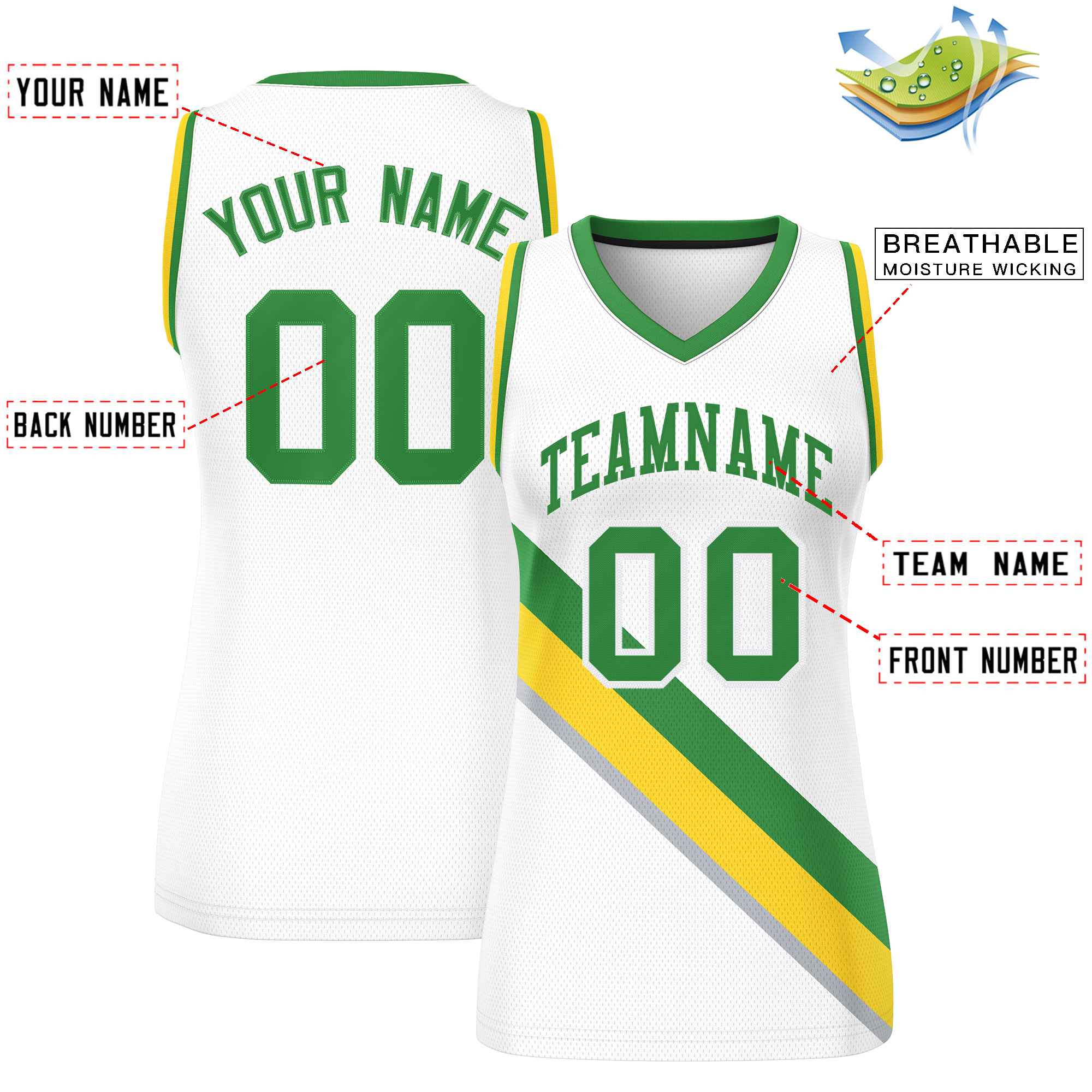 Custom White Kelly Green-Gold Thick Slash Fashion Tops Mesh Basketball Jersey For Women