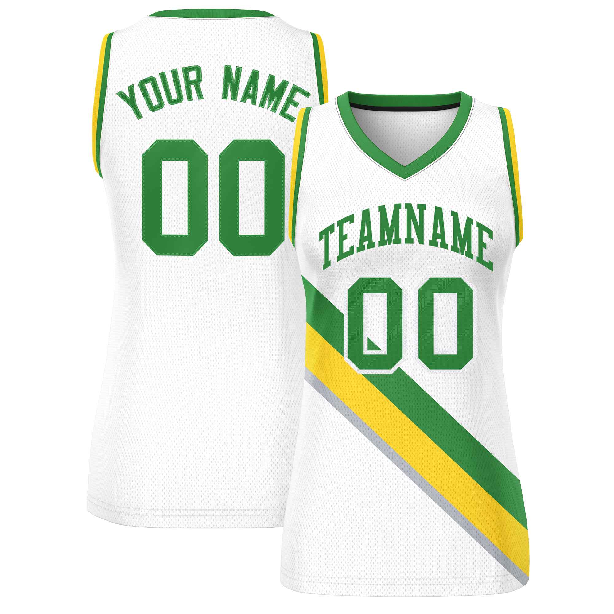 Custom White Kelly Green-Gold Thick Slash Fashion Tops Mesh Basketball Jersey For Women