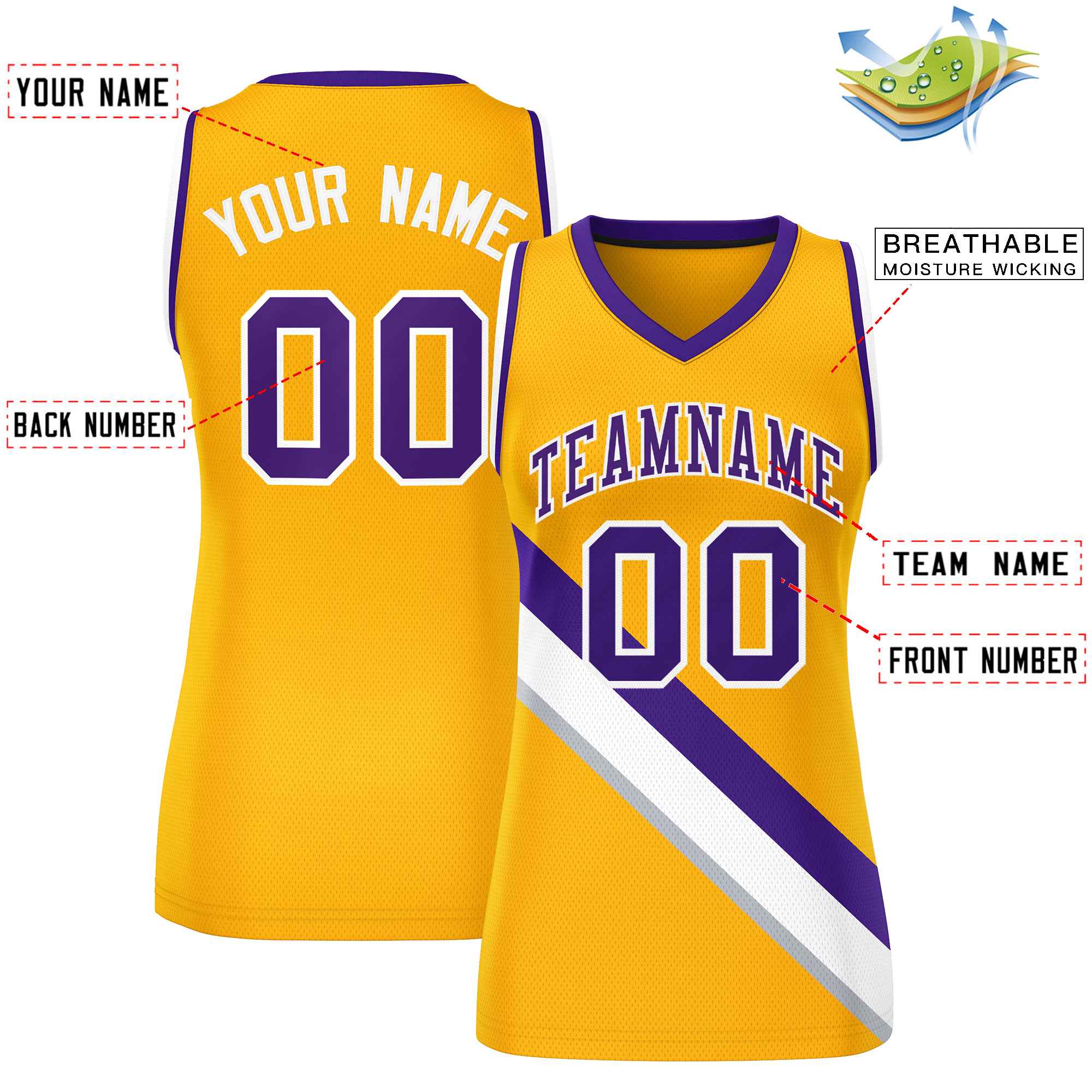 Custom Yellow Purple-White Thick Slash Fashion Tops Mesh Basketball Jersey For Women