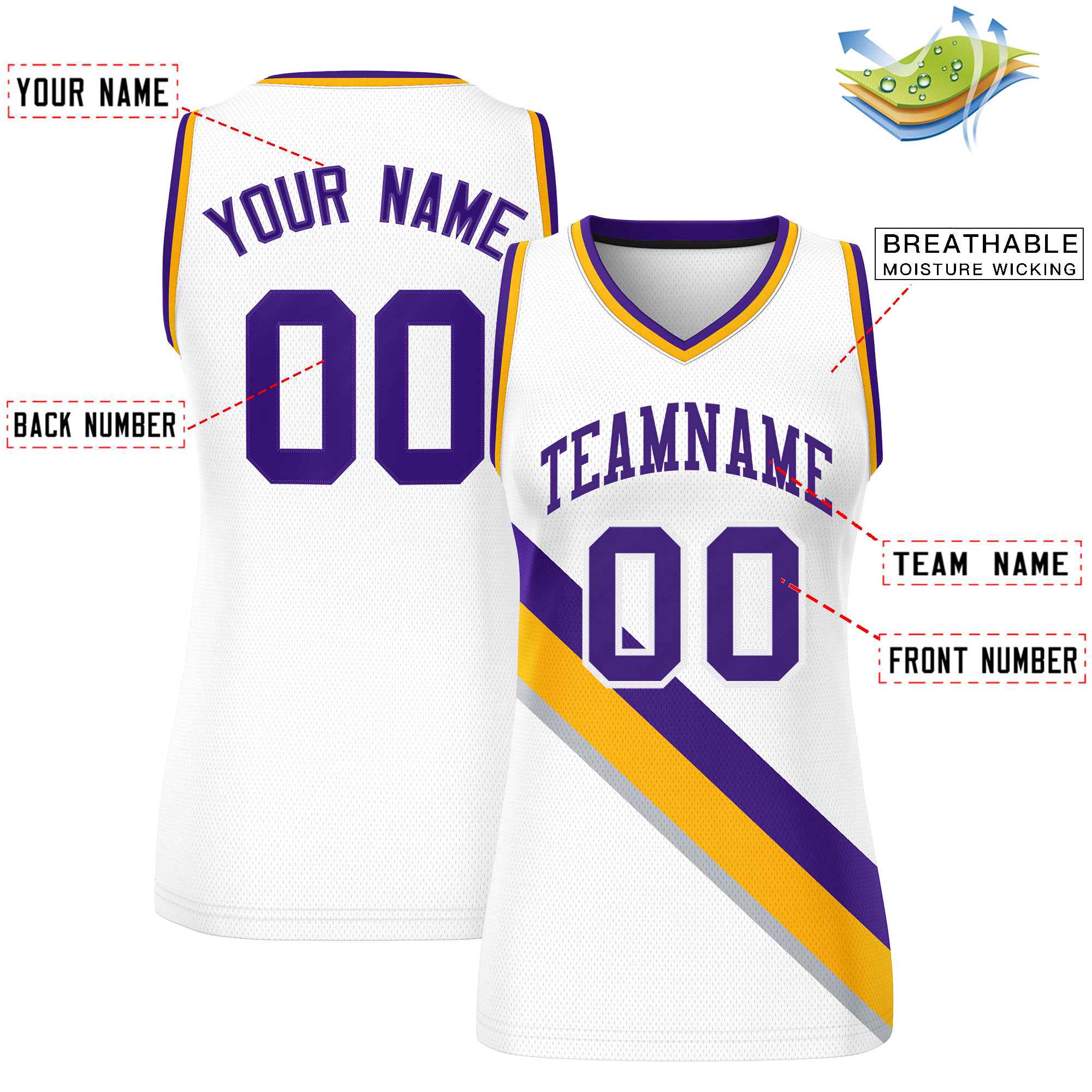 Custom White Yellow-Purple Thick Slash Fashion Tops Mesh Basketball Jersey For Women