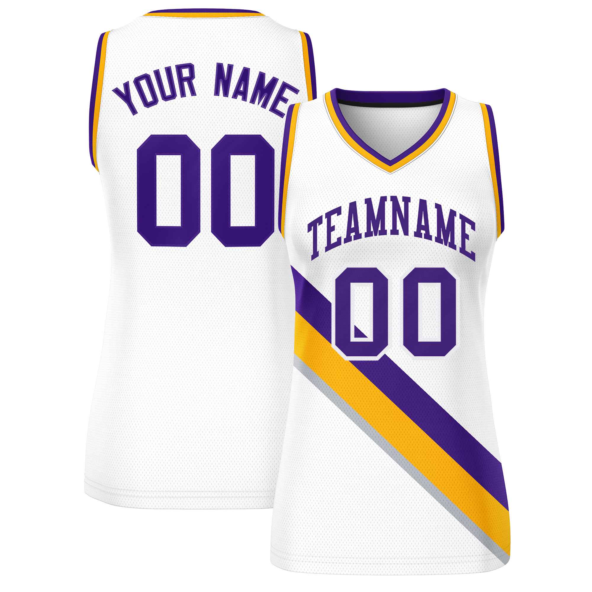 Custom White Yellow-Purple Thick Slash Fashion Tops Mesh Basketball Jersey For Women