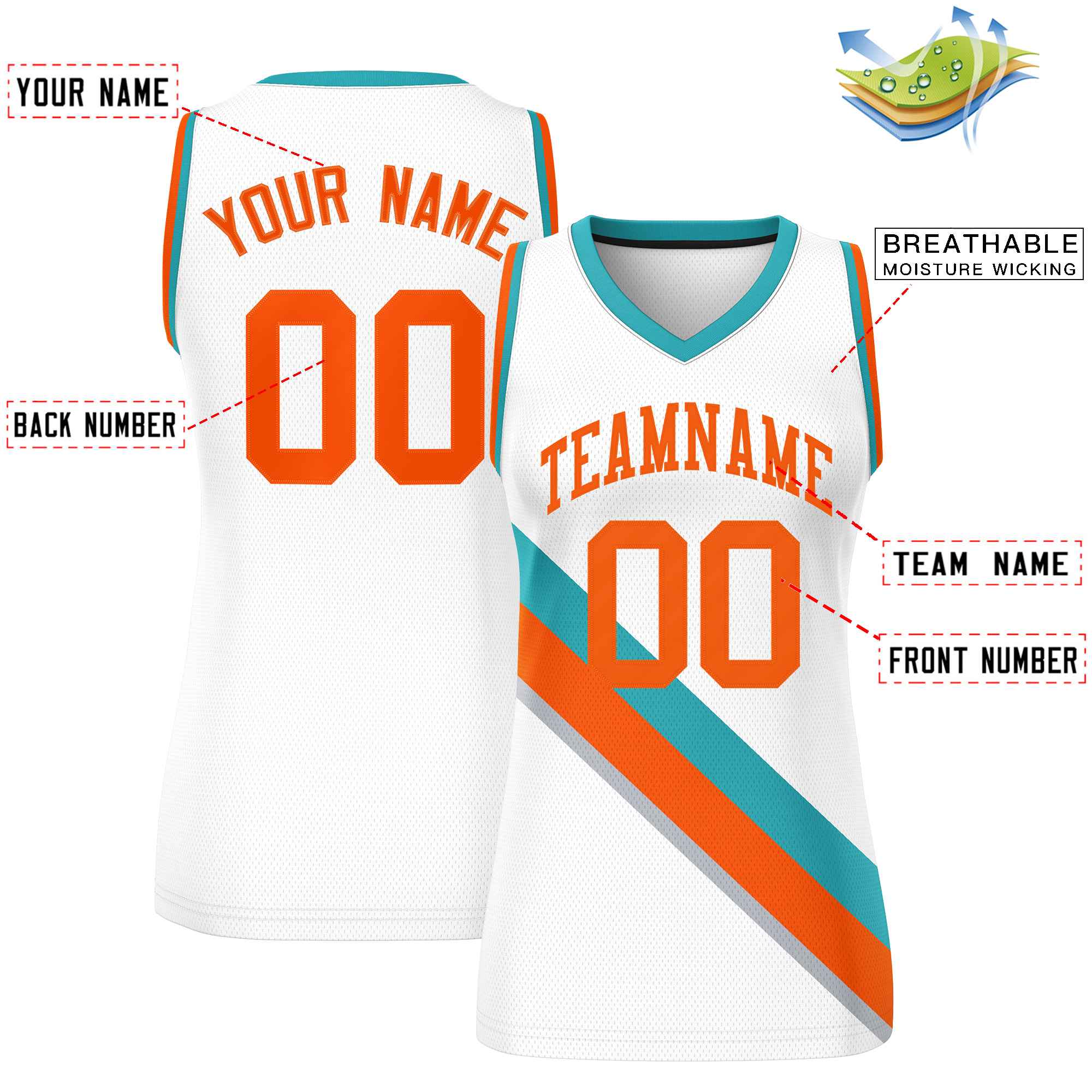 Custom White Aqua-Orange Thick Slash Fashion Tops Mesh Basketball Jersey For Women