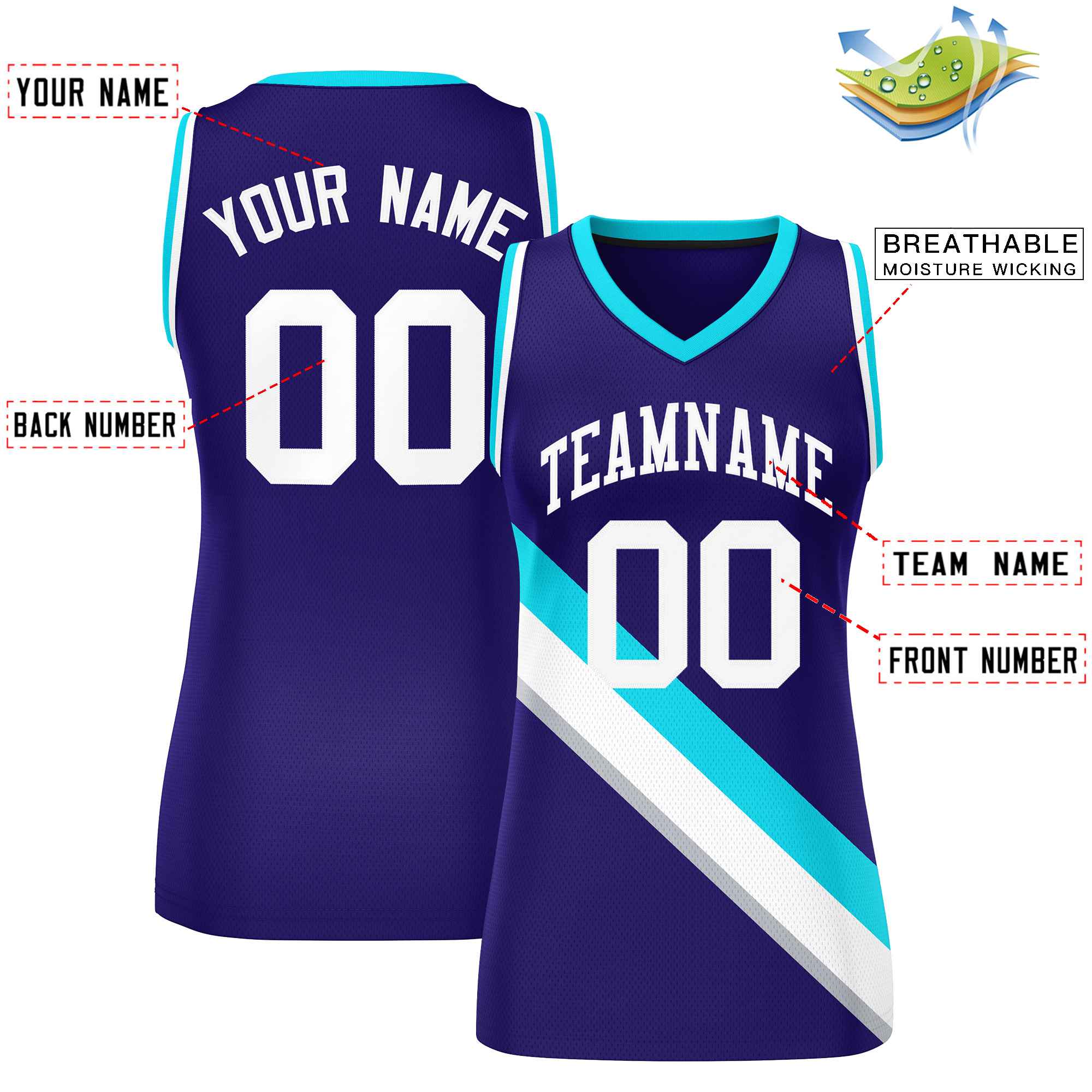 Custom Purple White-Powder Blue Thick Slash Fashion Tops Mesh Basketball Jersey For Women