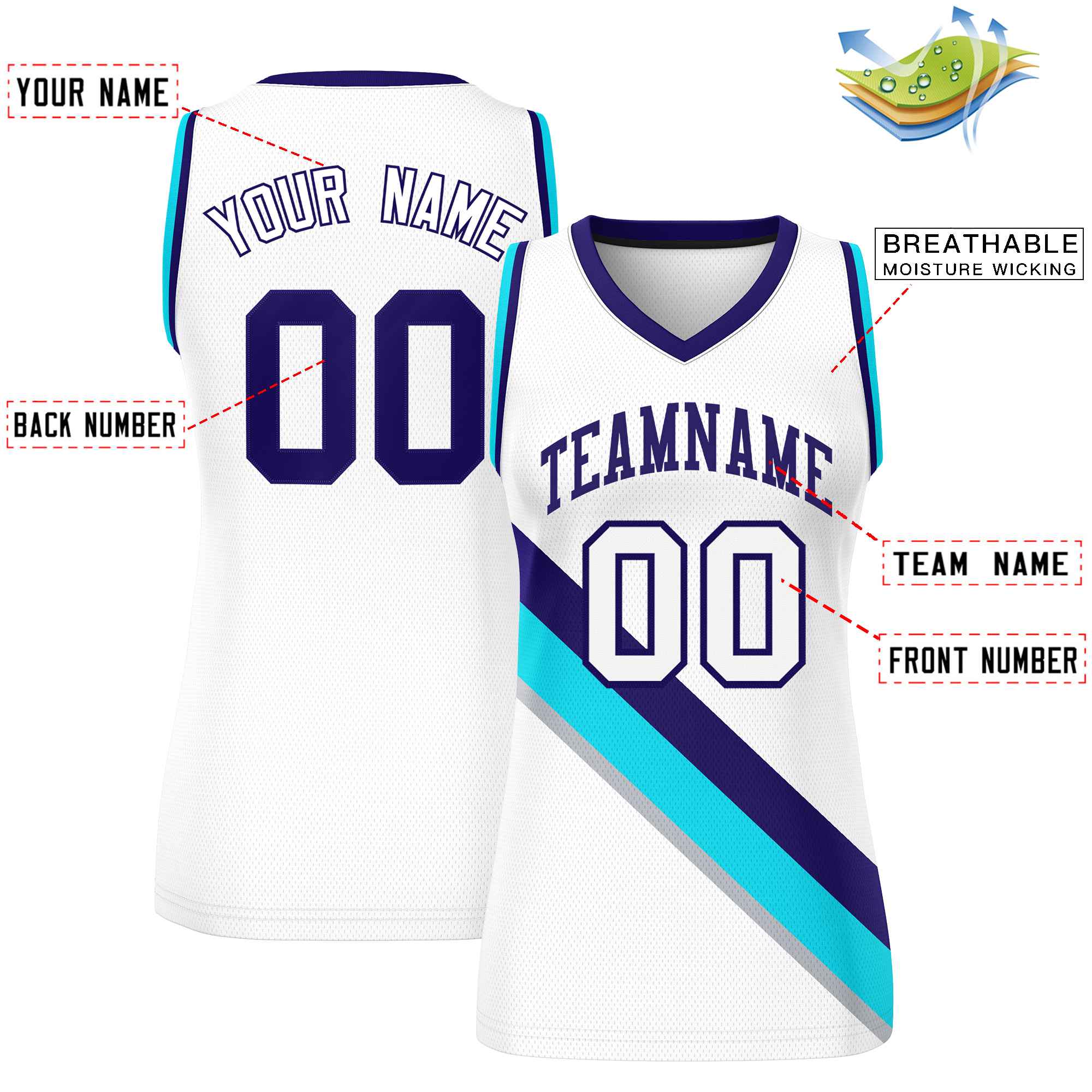 Custom White Purple-Powder Blue Thick Slash Fashion Tops Mesh Basketball Jersey For Women