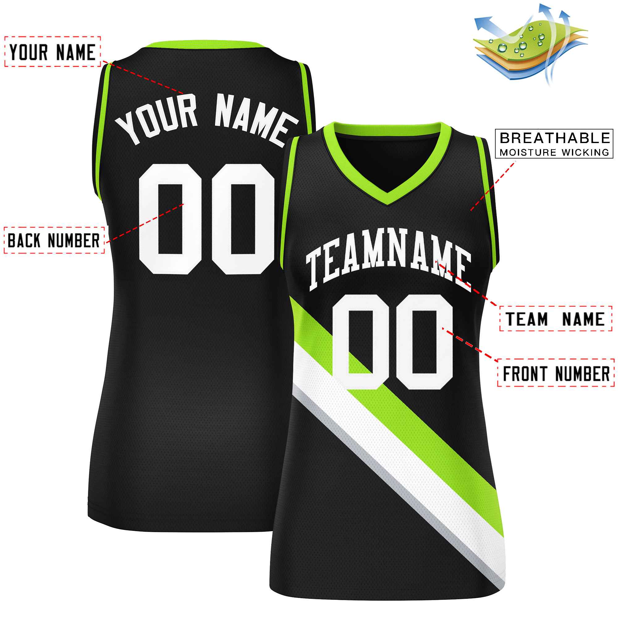 Custom Black Neon Green-Black Thick Slash Fashion Tops Mesh Basketball Jersey For Women