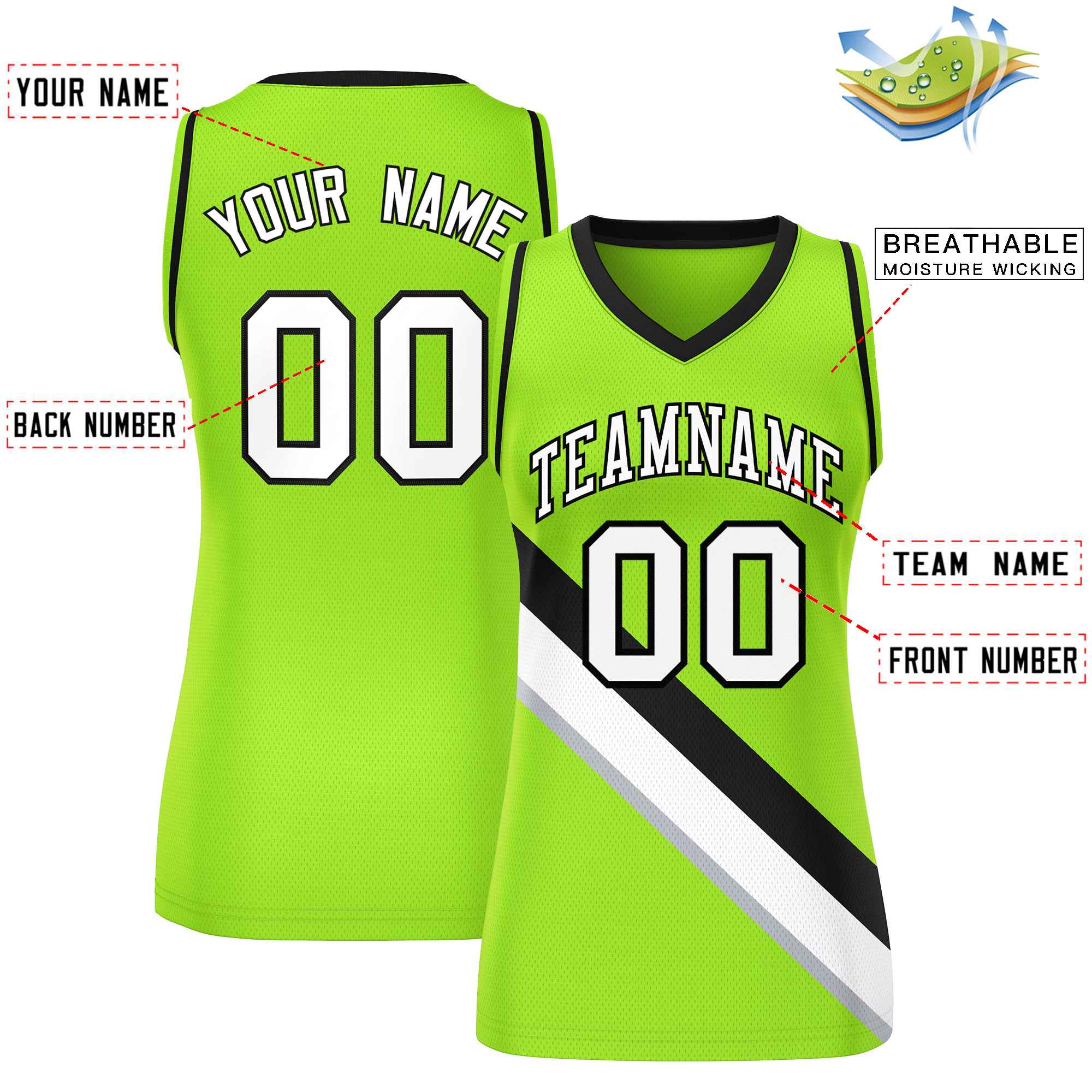 Custom Neon Green Black-Neon Green Thick Slash Fashion Tops Mesh Basketball Jersey For Women