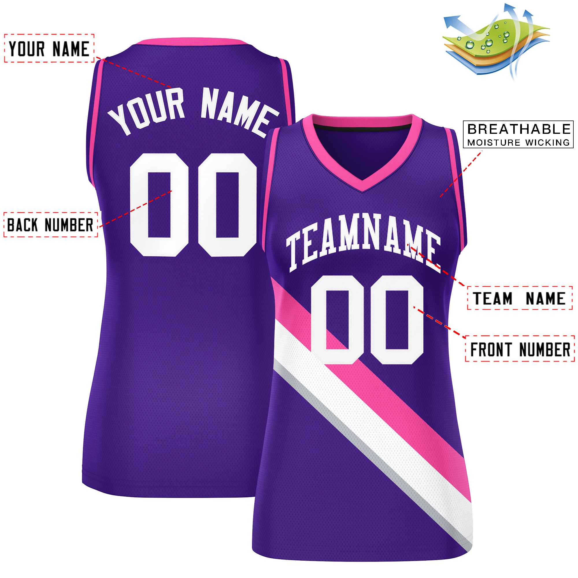 Custom Purple Pink-Purple Thick Slash Fashion Tops Mesh Basketball Jersey For Women