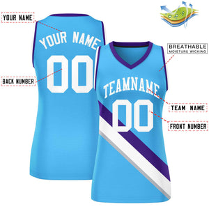 Custom Powder Blue Purple-White Thick Slash Fashion Tops Mesh Basketball Jersey For Women