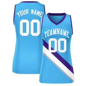 Custom Powder Blue Purple-White Thick Slash Fashion Tops Mesh Basketball Jersey For Women