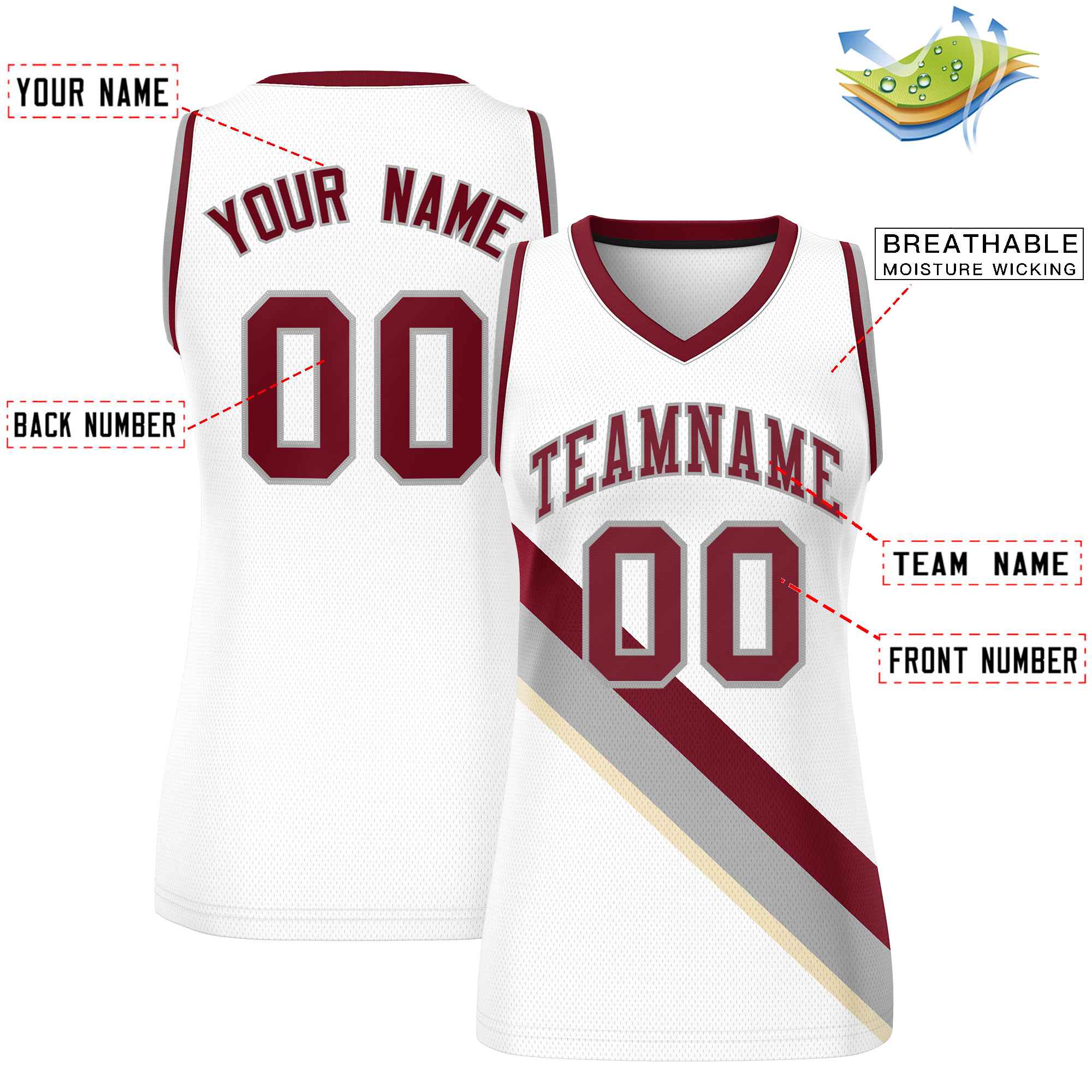 Custom White Crimson-Gray Thick Slash Fashion Tops Mesh Basketball Jersey For Women