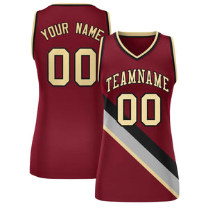 Custom Crimson Black-Khaki Thick Slash Fashion Tops Mesh Basketball Jersey For Women