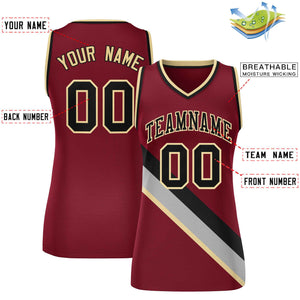 Custom Crimson Black-Khaki Thick Slash Fashion Tops Mesh Basketball Jersey For Women