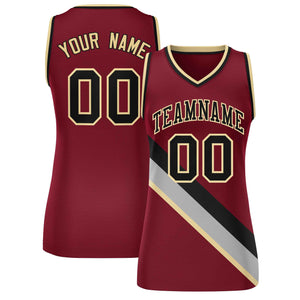 Custom Crimson Black-Khaki Thick Slash Fashion Tops Mesh Basketball Jersey For Women