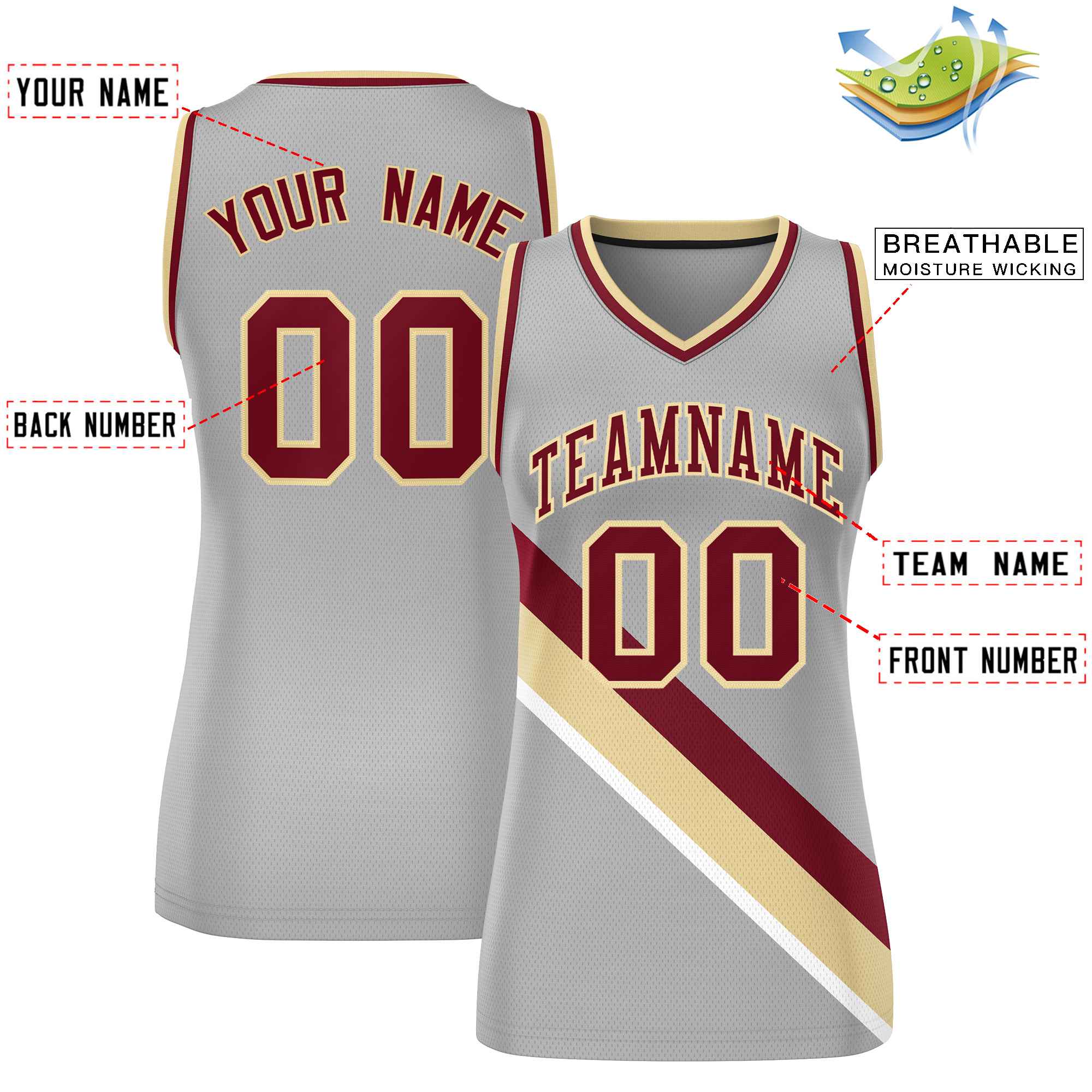 Custom Light Gray Crimson-Khaki Thick Slash Fashion Tops Mesh Basketball Jersey For Women