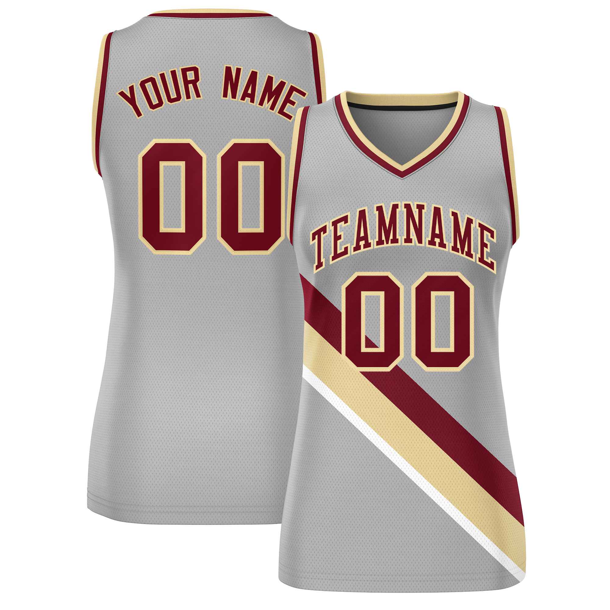 Custom Light Gray Crimson-Khaki Thick Slash Fashion Tops Mesh Basketball Jersey For Women