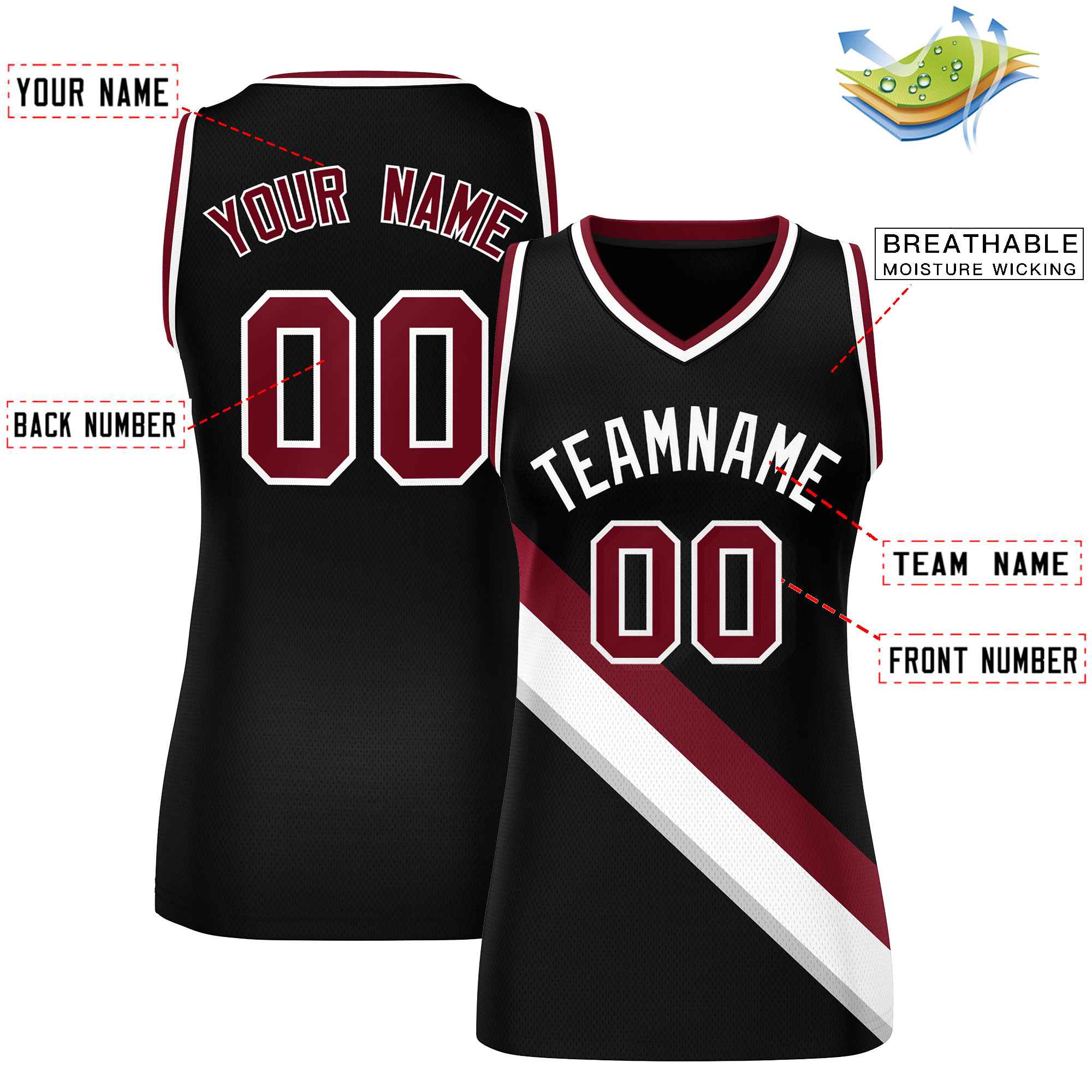 Custom Black Crimson-White Thick Slash Fashion Tops Mesh Basketball Jersey For Women