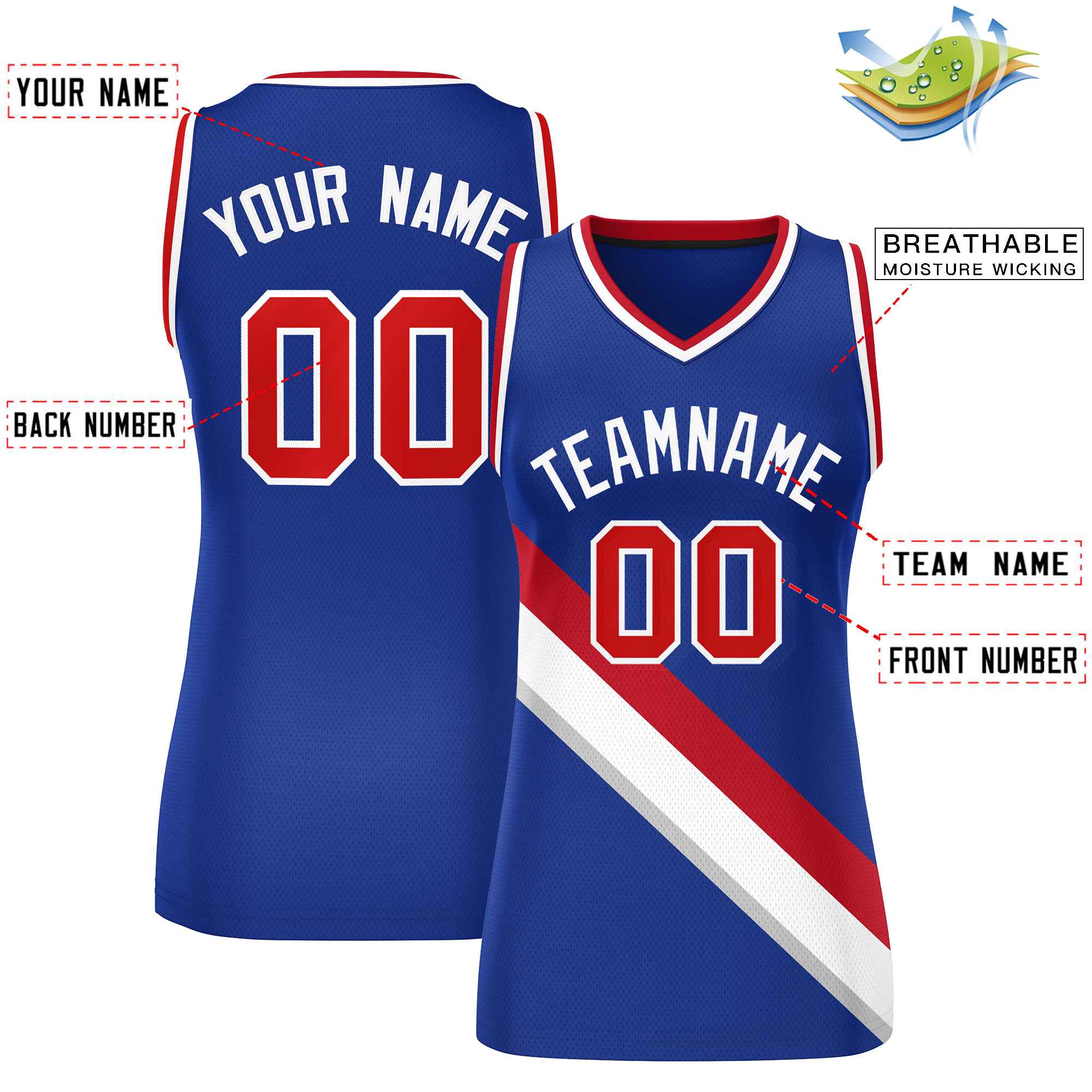 Custom Royal White-Red Thick Slash Fashion Tops Mesh Basketball Jersey For Women