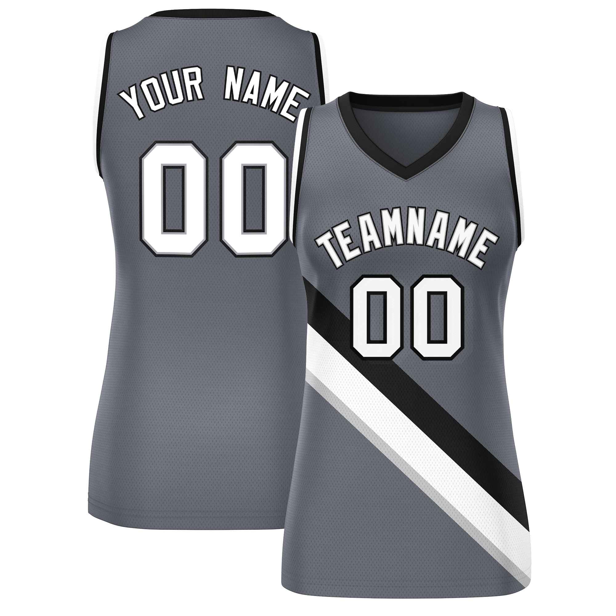 Custom Dark Gray Black-White Thick Slash Fashion Tops Mesh Basketball Jersey For Women