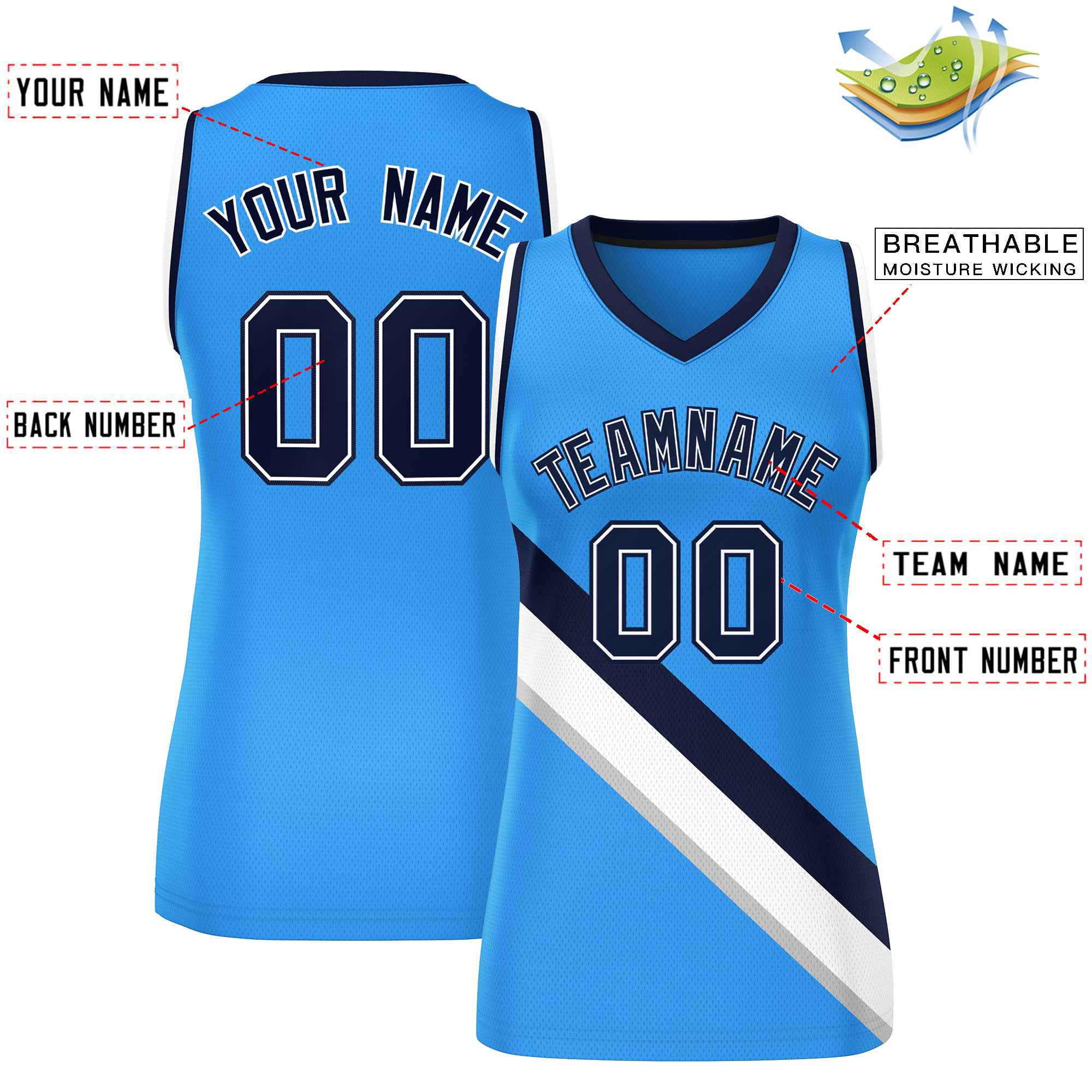 Custom Powder Blue Navy-White Thick Slash Fashion Tops Mesh Basketball Jersey For Women