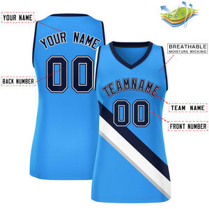 Custom Powder Blue Navy-White Thick Slash Fashion Tops Mesh Basketball Jersey For Women