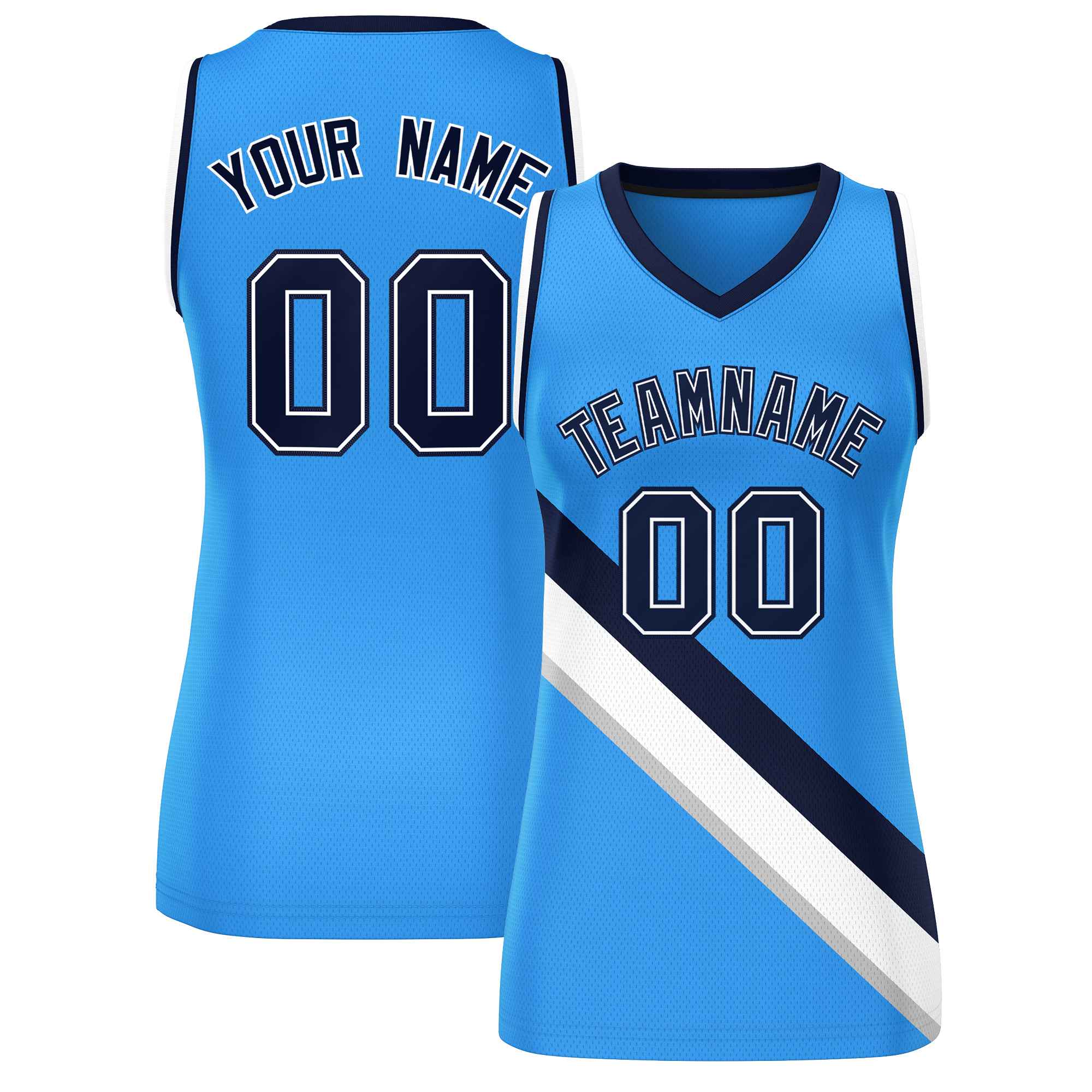 Custom Powder Blue Navy-White Thick Slash Fashion Tops Mesh Basketball Jersey For Women