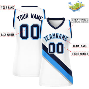 Custom White Powder Blue-Navy Thick Slash Fashion Tops Mesh Basketball Jersey For Women