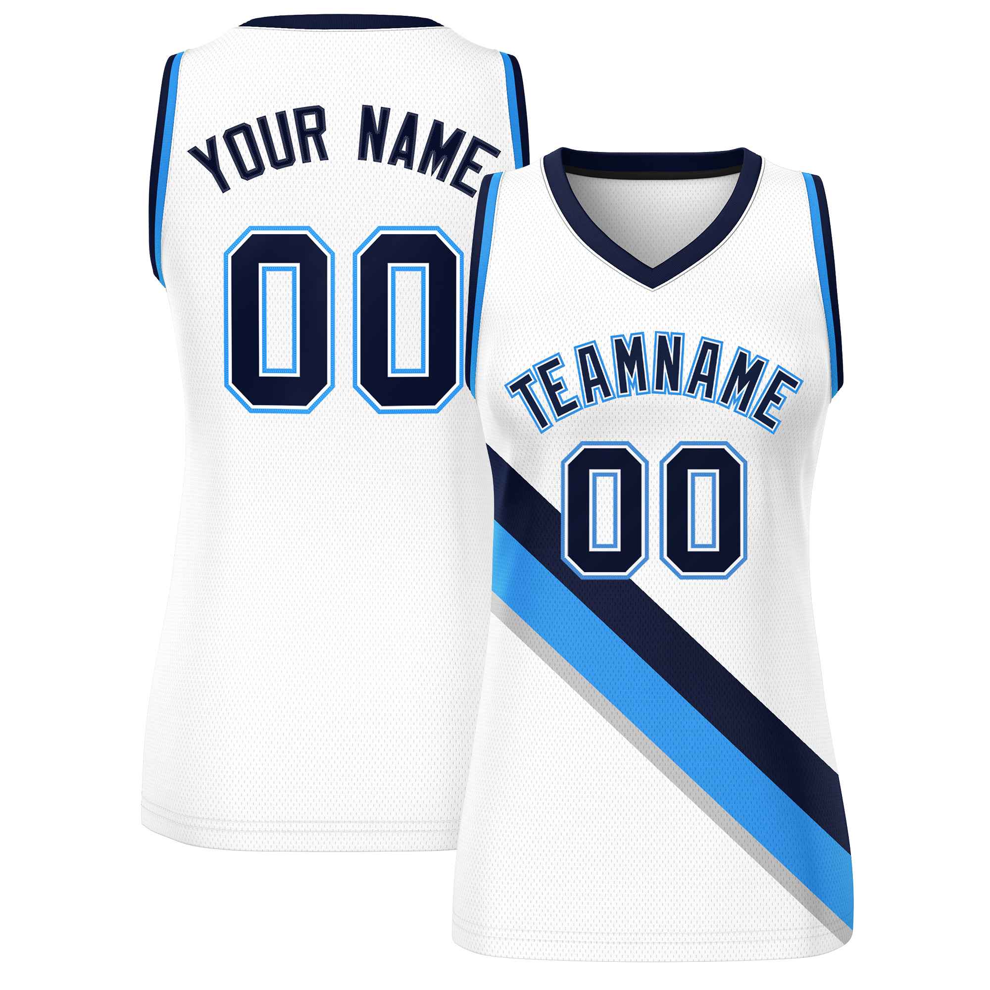 Custom White Powder Blue-Navy Thick Slash Fashion Tops Mesh Basketball Jersey For Women