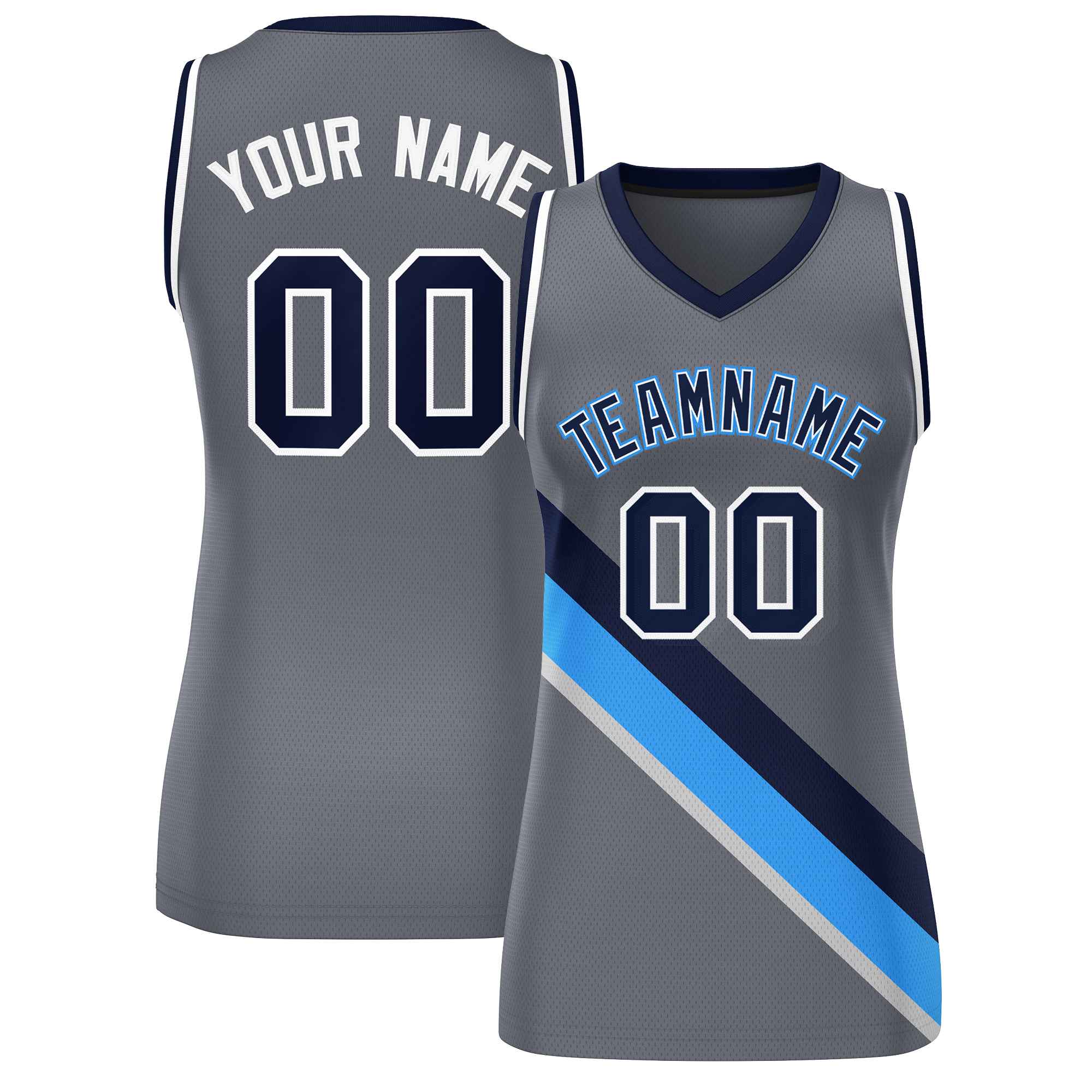 Custom Dark Gray White-Navy Thick Slash Fashion Tops Mesh Basketball Jersey For Women