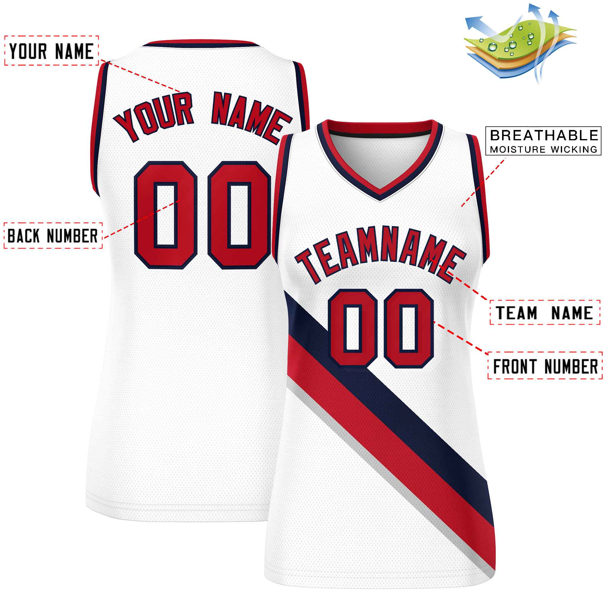 Custom White Navy-Red Thick Slash Fashion Tops Mesh Basketball Jersey For Women