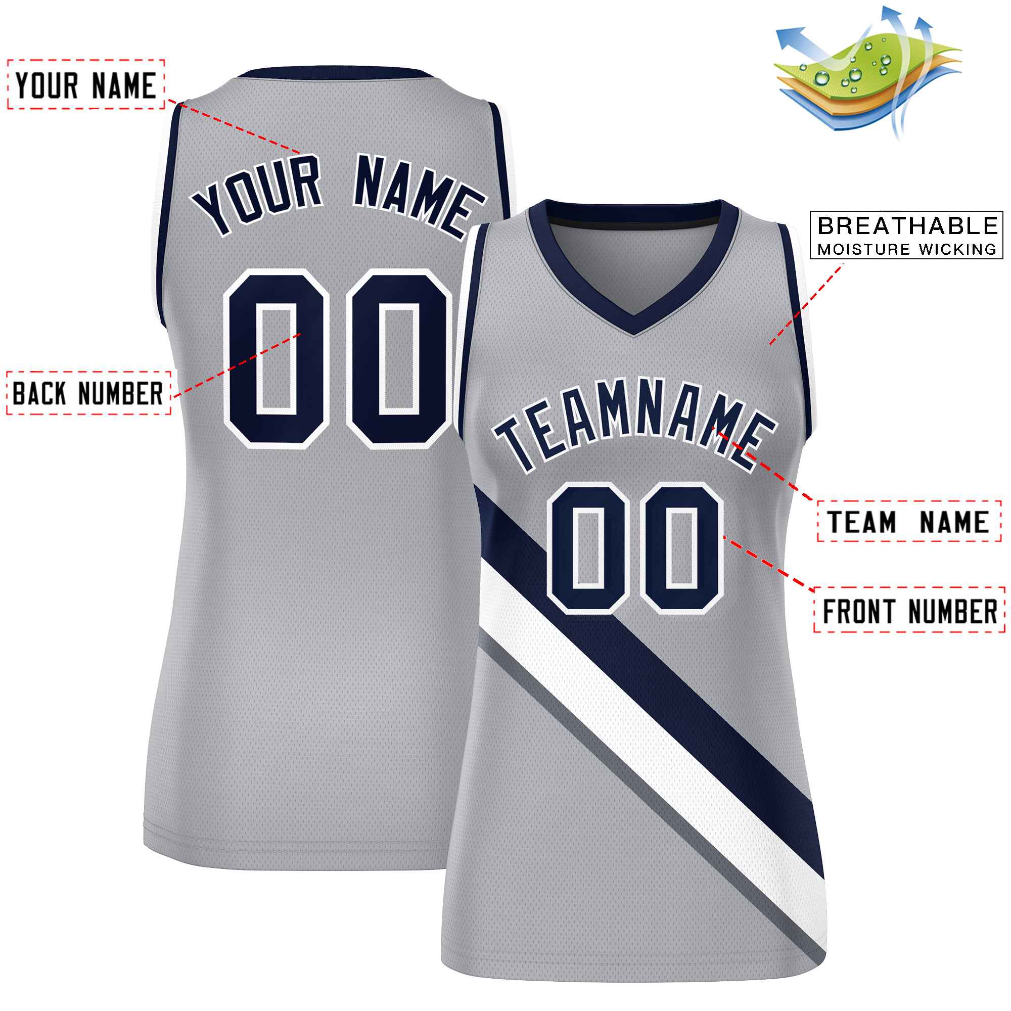 Custom Light Gray Navy-White Thick Slash Fashion Tops Mesh Basketball Jersey For Women