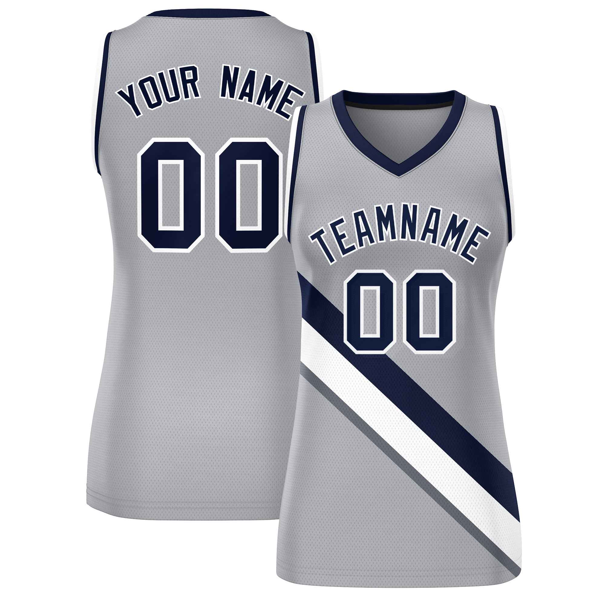 Custom Light Gray Navy-White Thick Slash Fashion Tops Mesh Basketball Jersey For Women