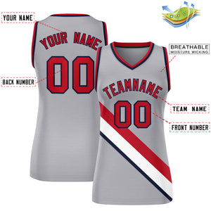 Custom Light Gray Navy-Red Thick Slash Fashion Tops Mesh Basketball Jersey For Women