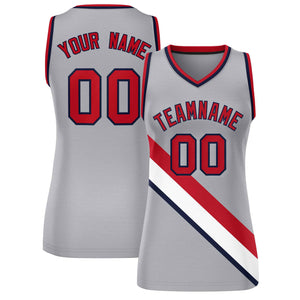 Custom Light Gray Navy-Red Thick Slash Fashion Tops Mesh Basketball Jersey For Women