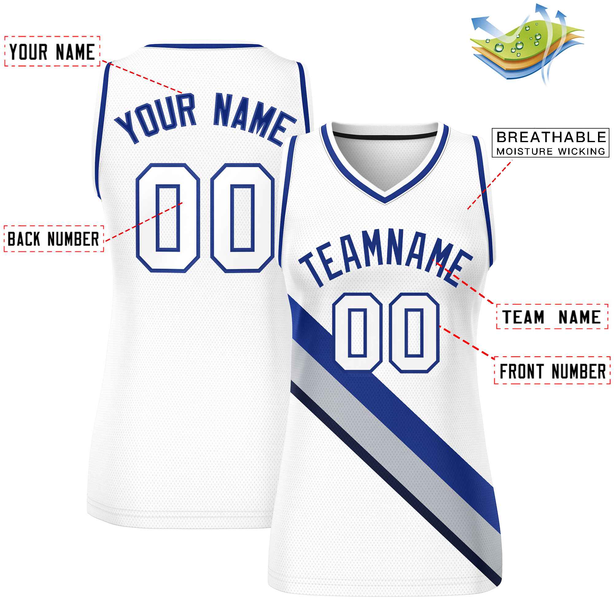 Custom White Navy-White Thick Slash Fashion Tops Mesh Basketball Jersey For Women