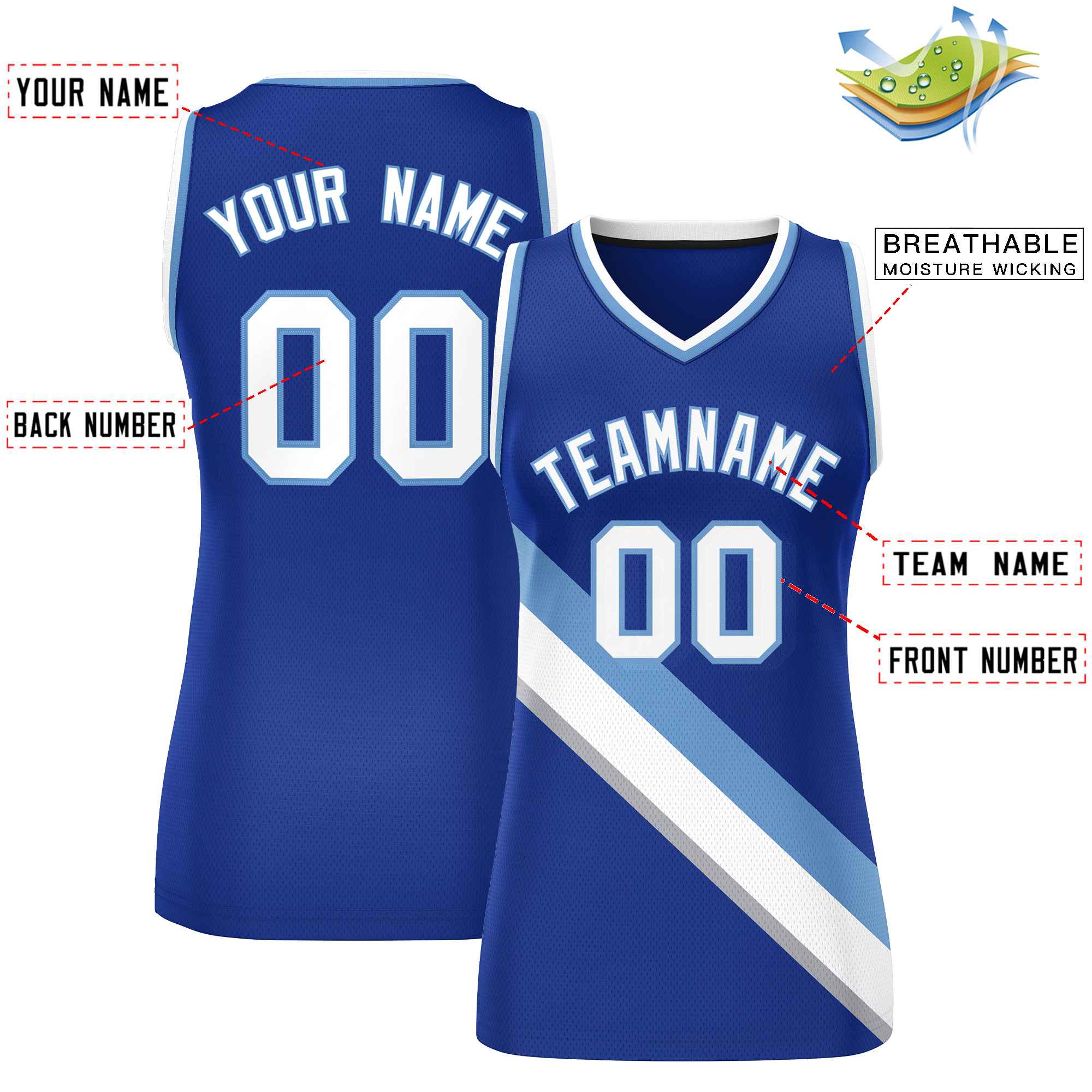 Custom Royal White-Light Blue Thick Slash Fashion Tops Mesh Basketball Jersey For Women