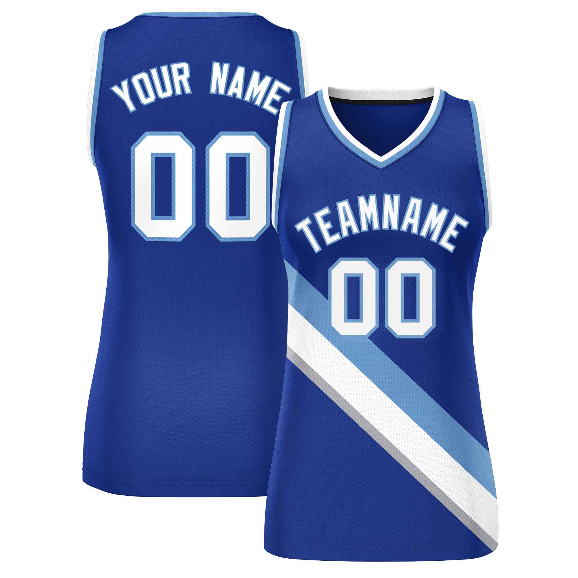 Custom Royal White-Light Blue Thick Slash Fashion Tops Mesh Basketball Jersey For Women