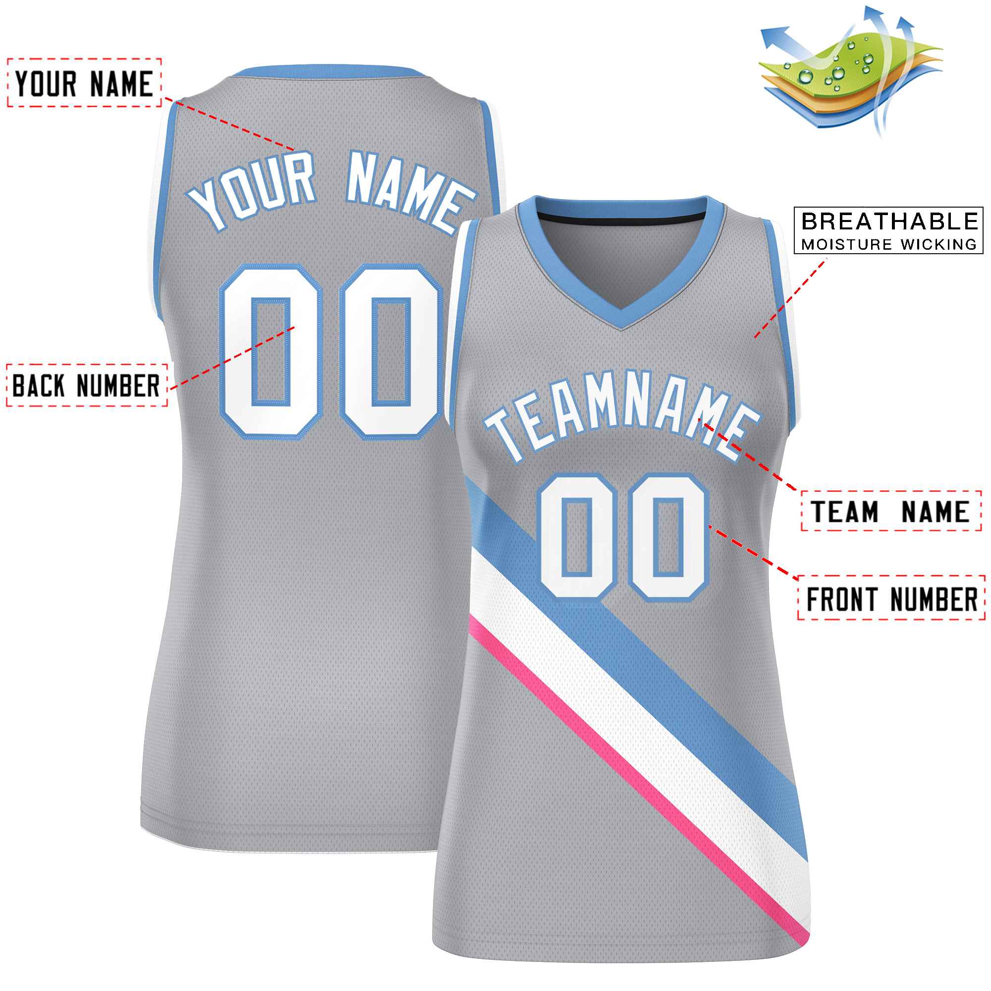 Custom Light Gray White-Light Blue Thick Slash Fashion Tops Mesh Basketball Jersey For Women