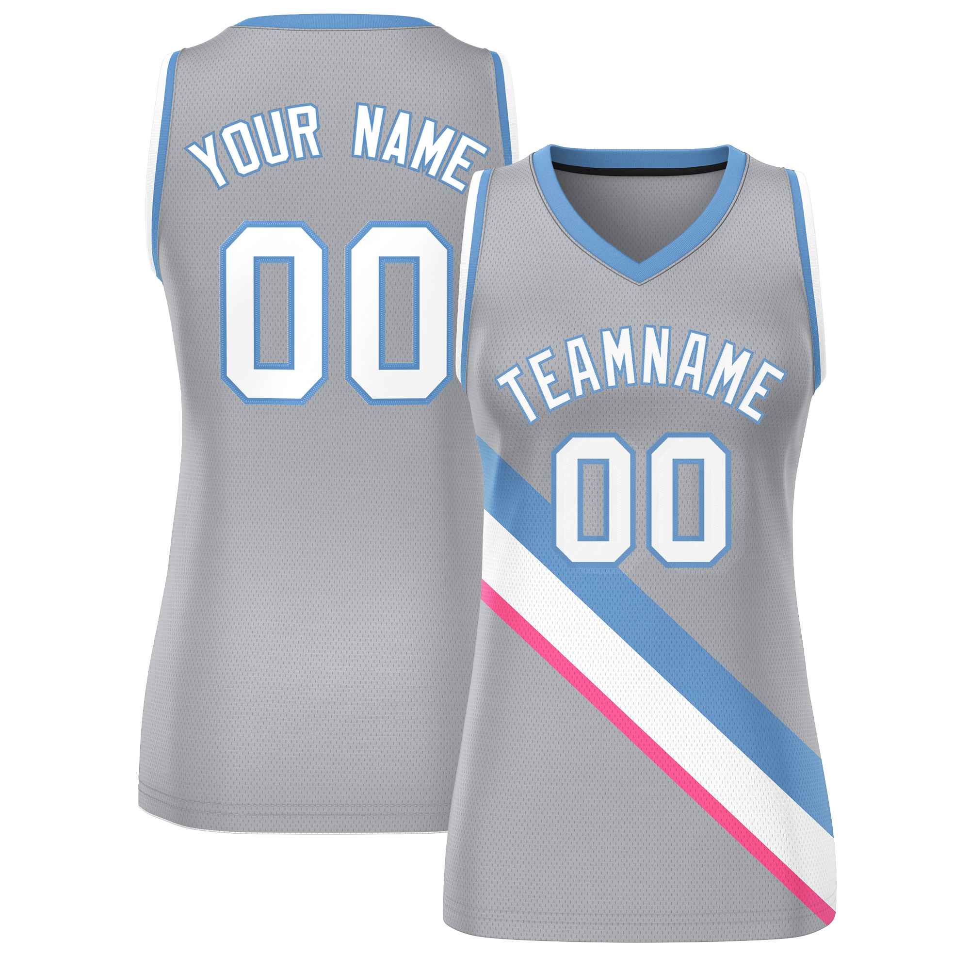 Custom Light Gray White-Light Blue Thick Slash Fashion Tops Mesh Basketball Jersey For Women