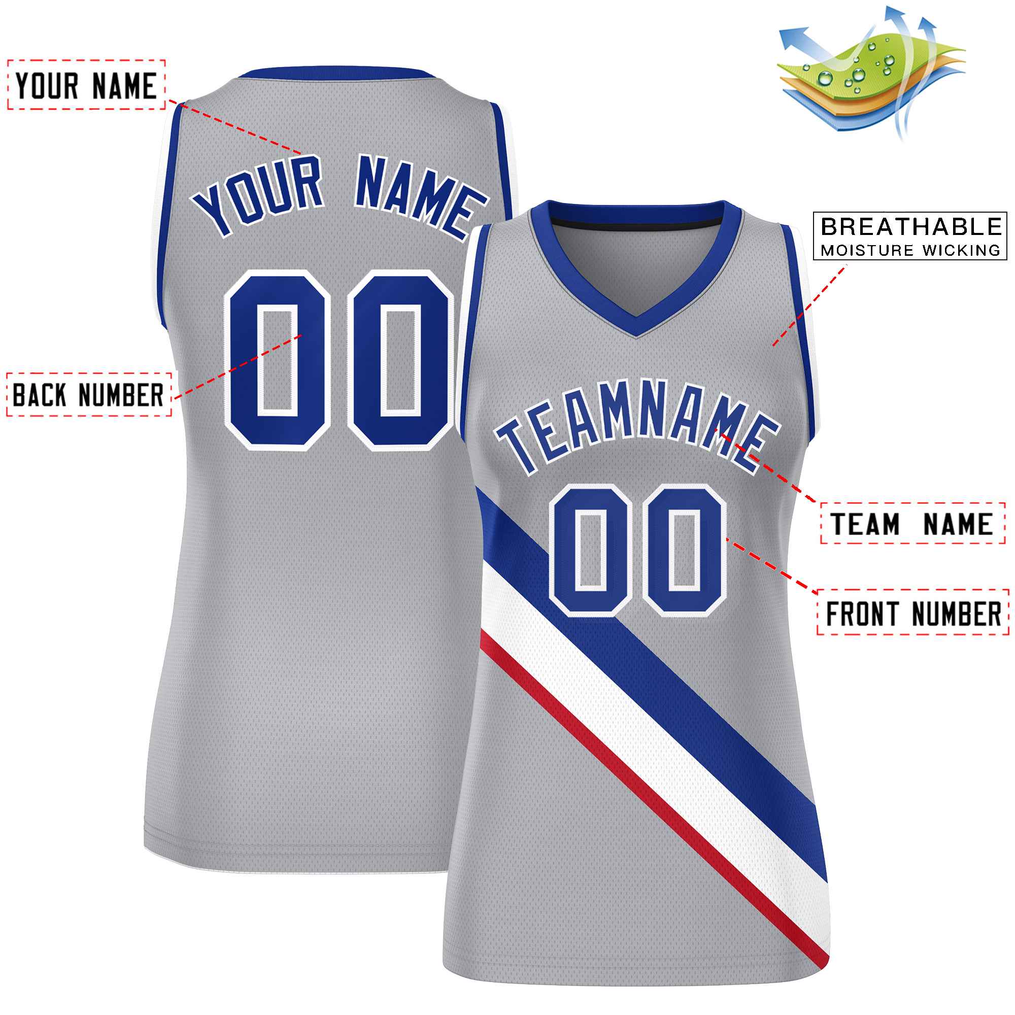 Custom Light Gray Royal-White Thick Slash Fashion Tops Mesh Basketball Jersey For Women