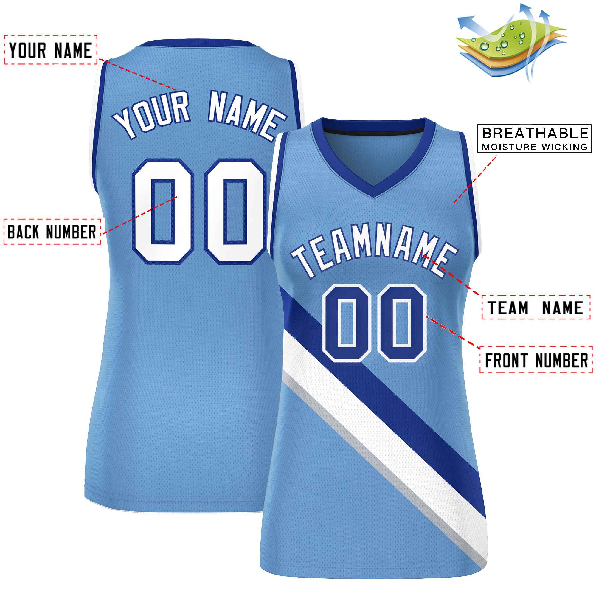 Custom Light Blue White-Royal Thick Slash Fashion Tops Mesh Basketball Jersey For Women