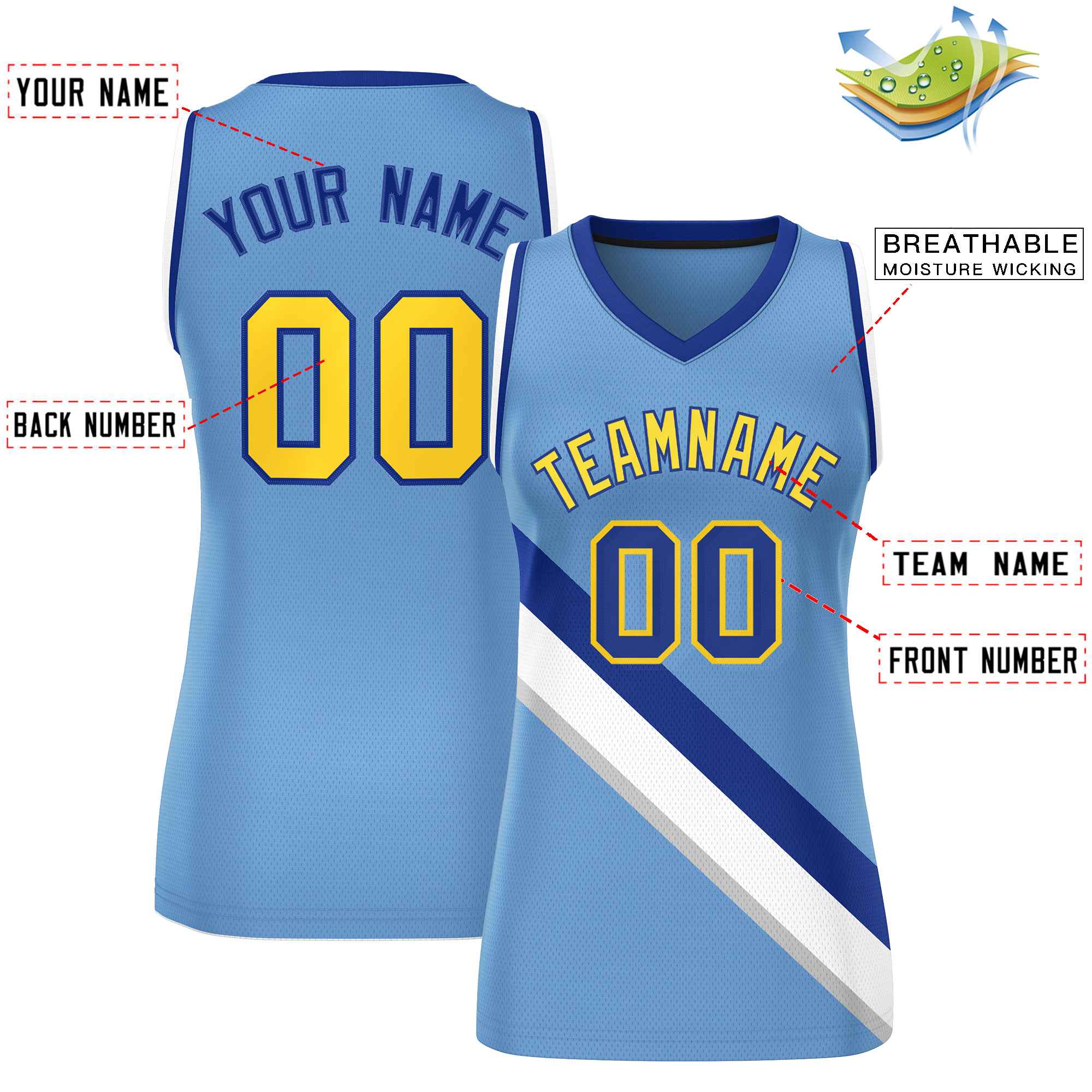 Custom Light Blue White-Royal Thick Slash Fashion Tops Mesh Basketball Jersey For Women