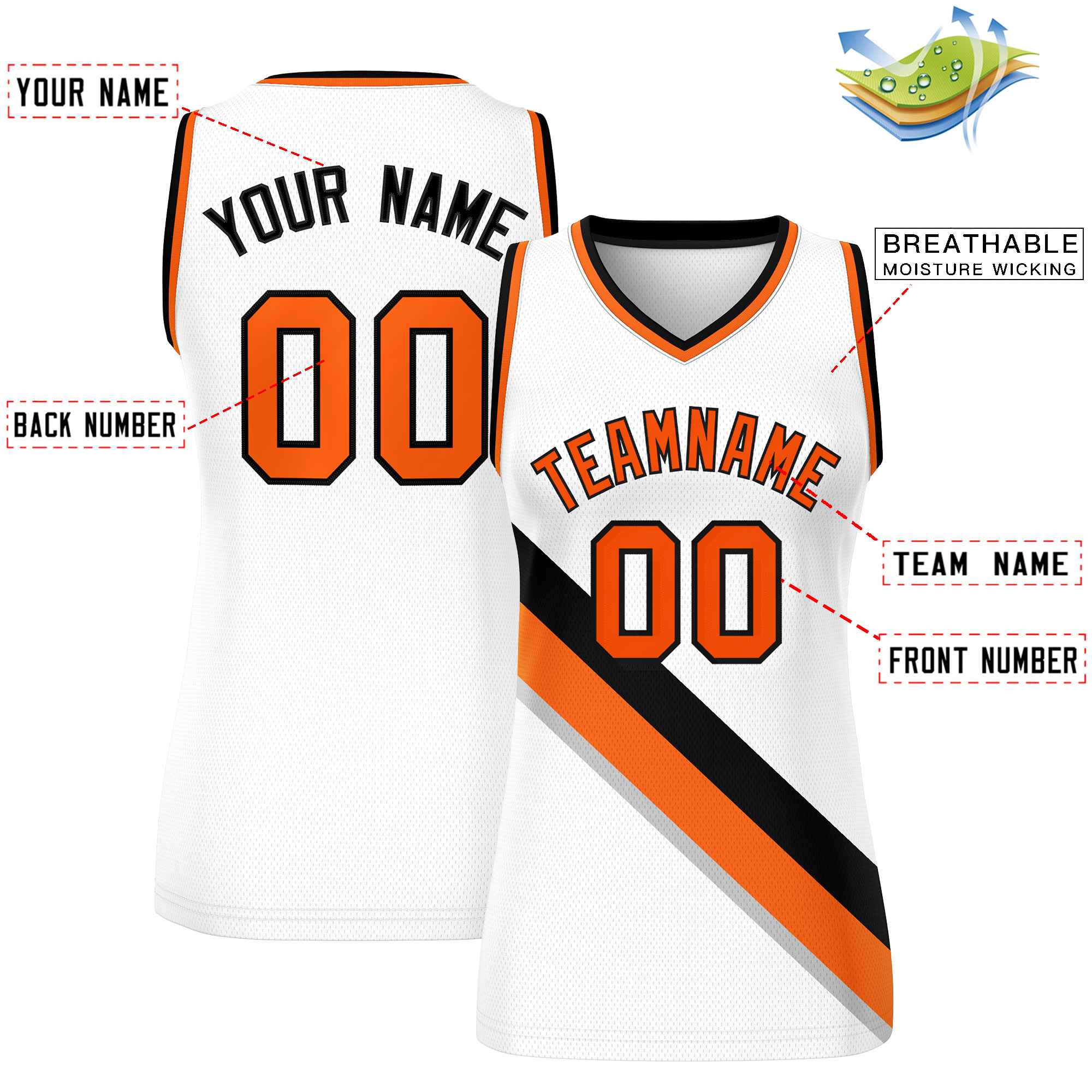 Custom White Orange-Black Thick Slash Fashion Tops Mesh Basketball Jersey For Women