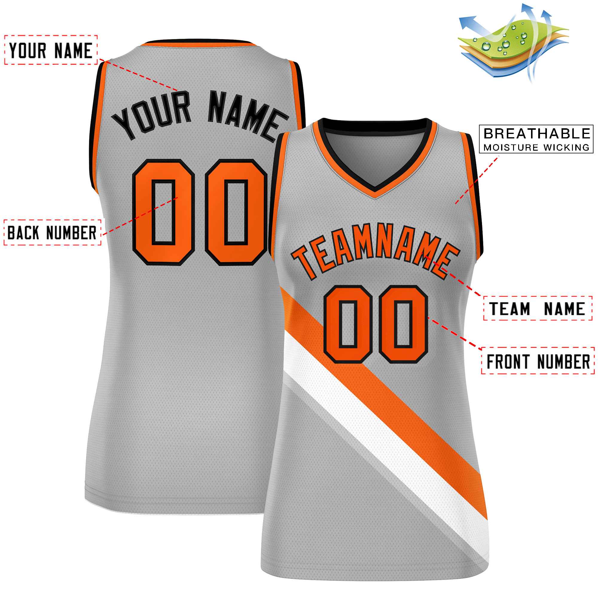 Custom Light Gray Orange-Black Thick Slash Fashion Tops Mesh Basketball Jersey For Women