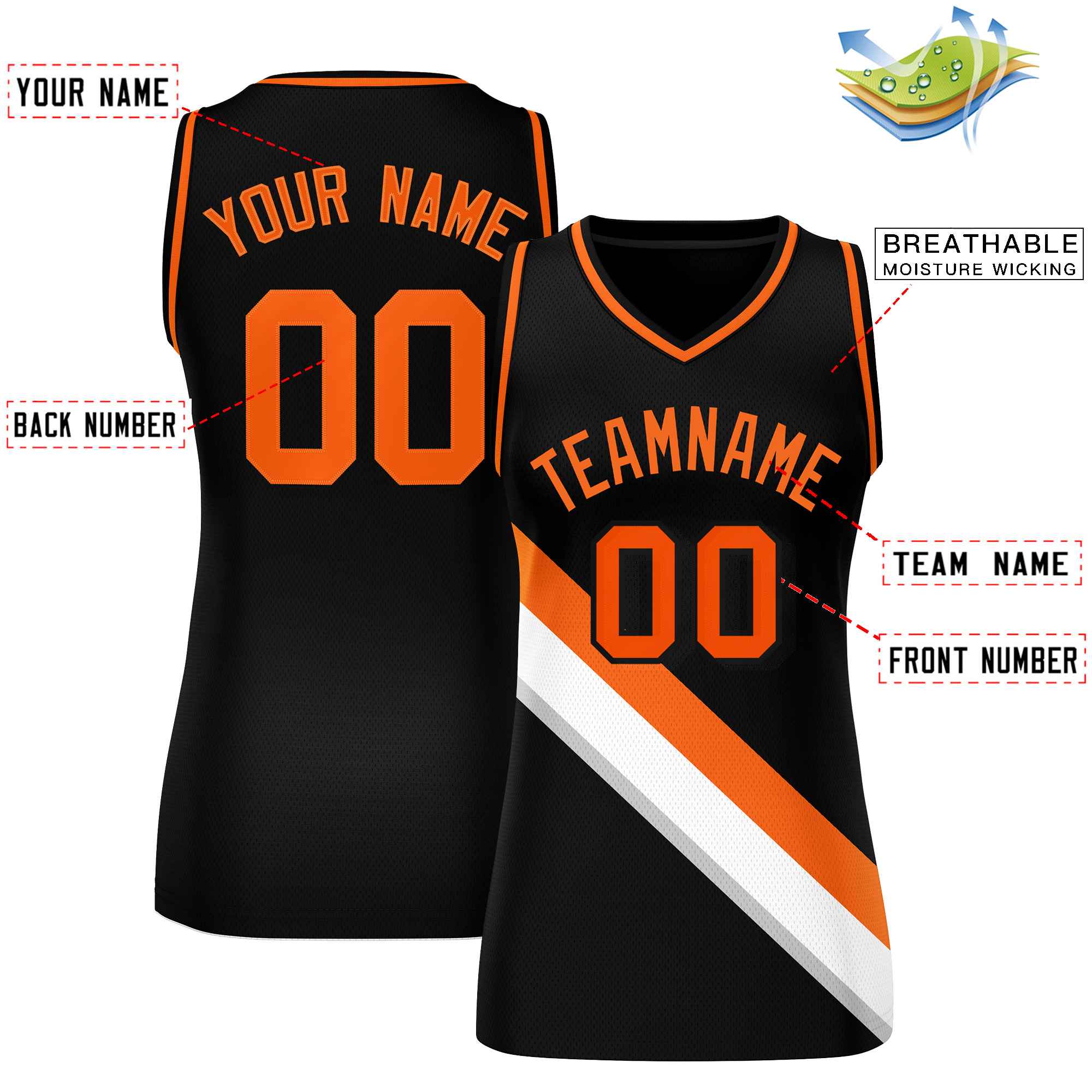 Custom Black Orange-White Thick Slash Fashion Tops Mesh Basketball Jersey For Women