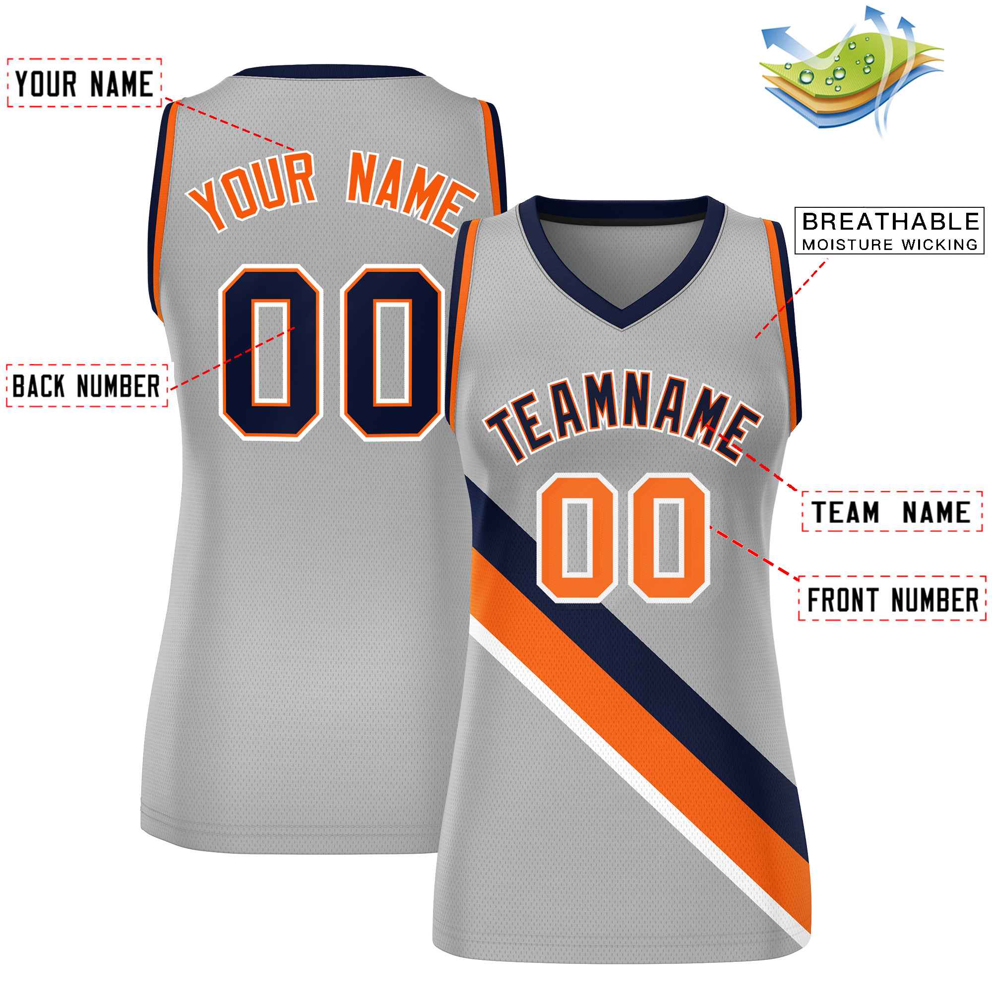 Custom Light Gray Orange-Navy Thick Slash Fashion Tops Mesh Basketball Jersey For Women