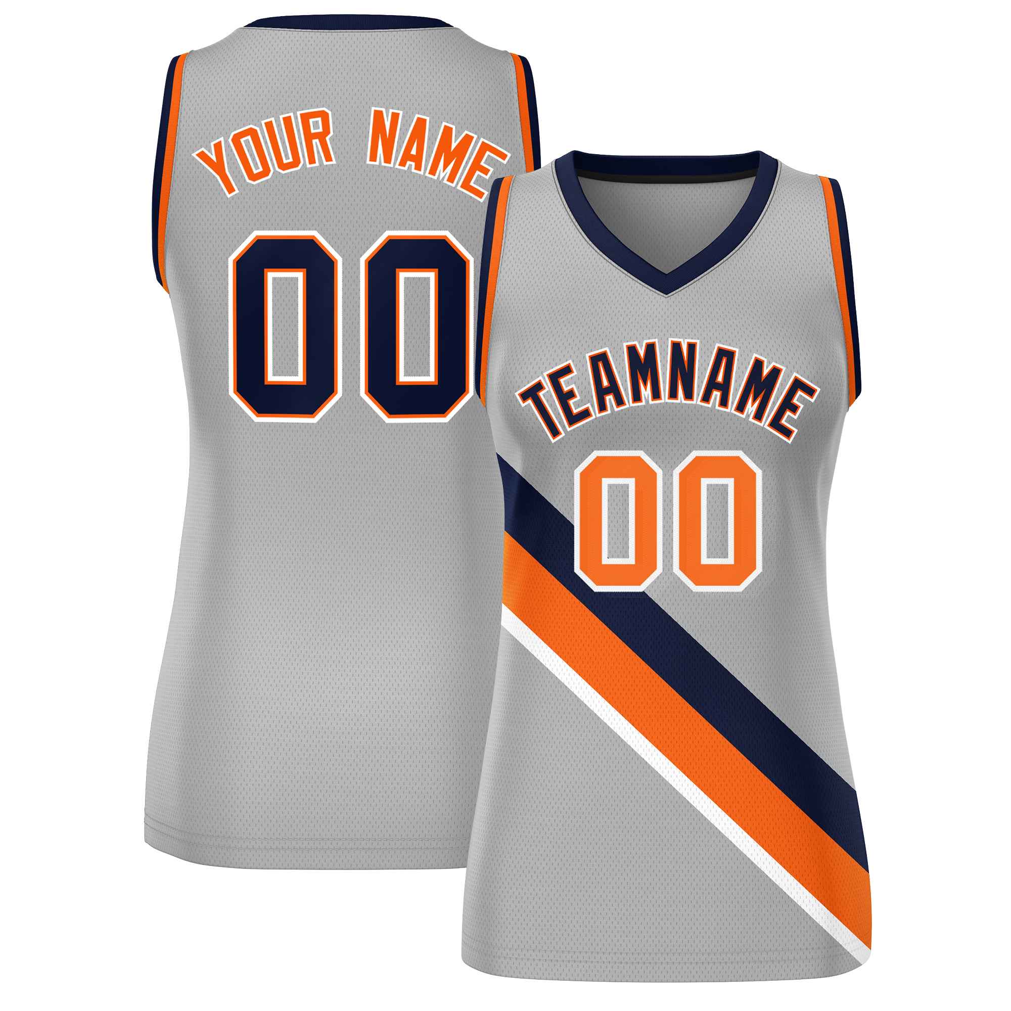 Custom Light Gray Orange-Navy Thick Slash Fashion Tops Mesh Basketball Jersey For Women