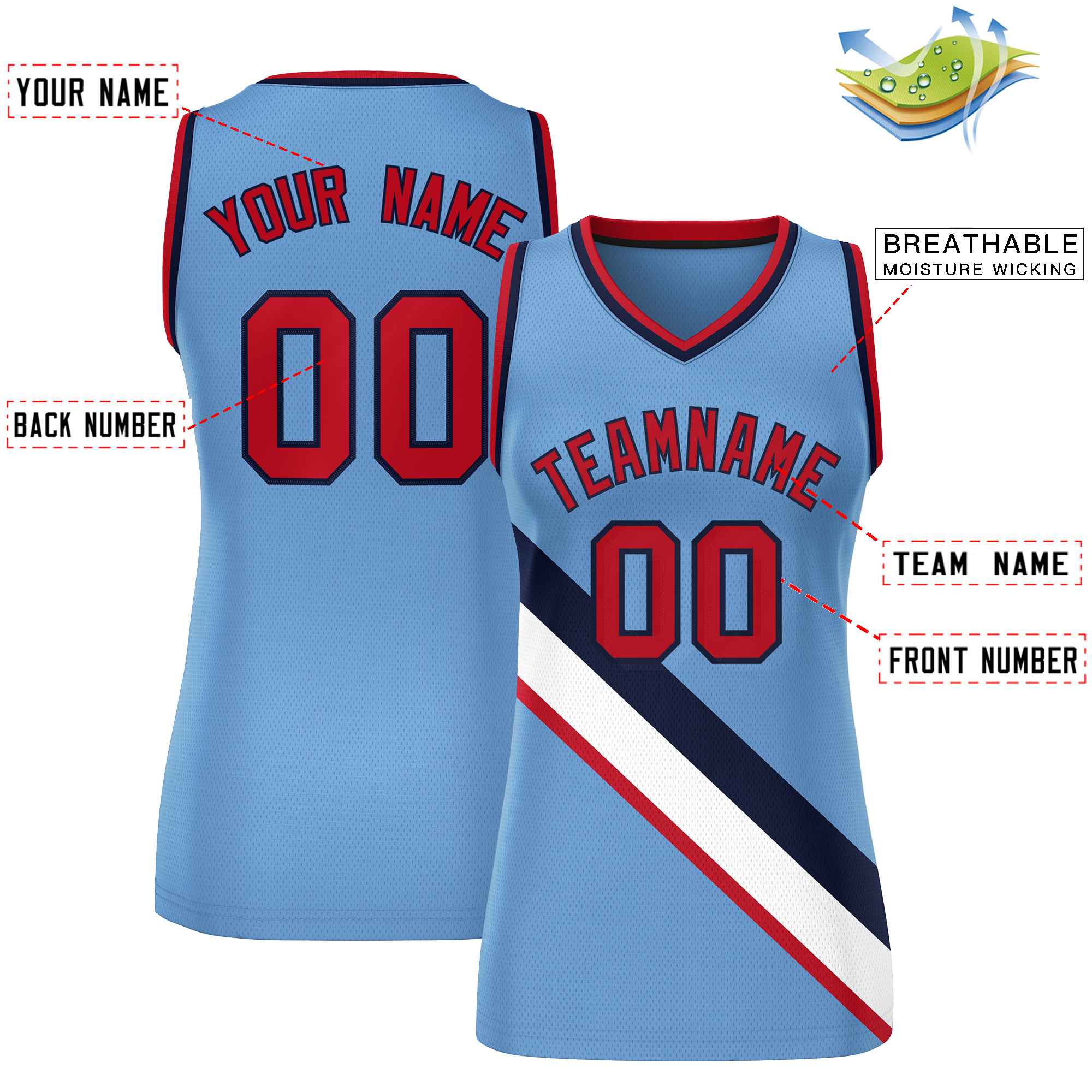 Custom Light Blue Navy-Red Thick Slash Fashion Tops Mesh Basketball Jersey For Women