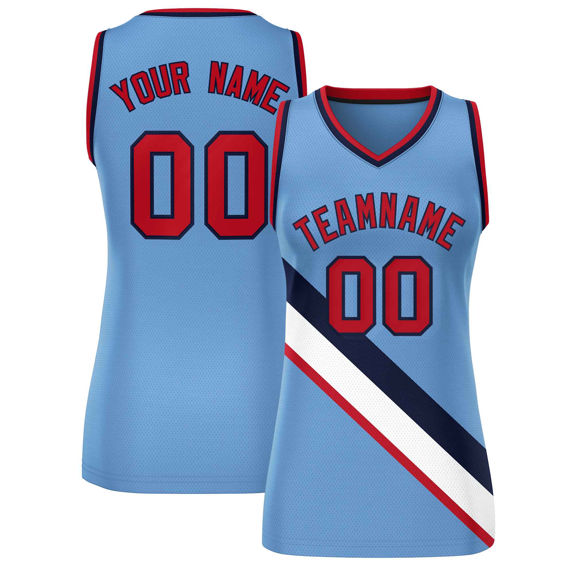 Custom Light Blue Navy-Red Thick Slash Fashion Tops Mesh Basketball Jersey For Women