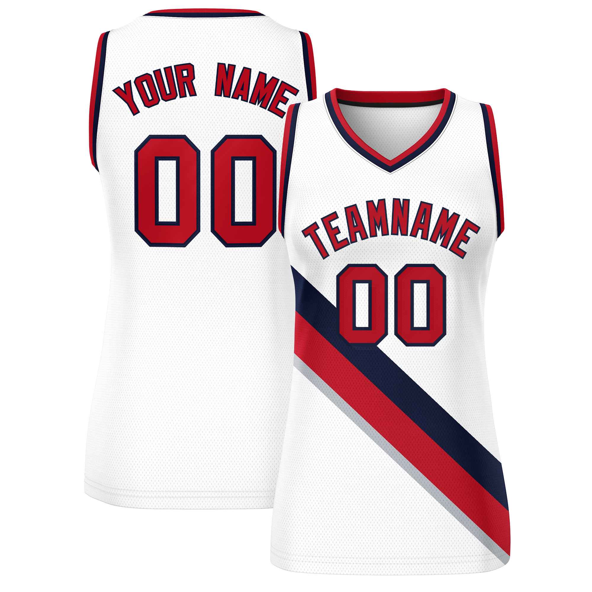 Custom White Navy-Red Thick Slash Fashion Tops Mesh Basketball Jersey For Women