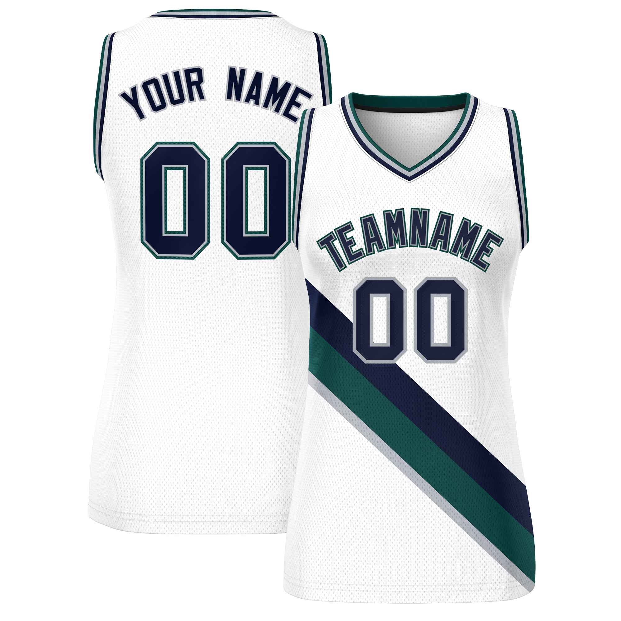 Custom White Midnight Green-Gray Thick Slash Fashion Tops Mesh Basketball Jersey For Women